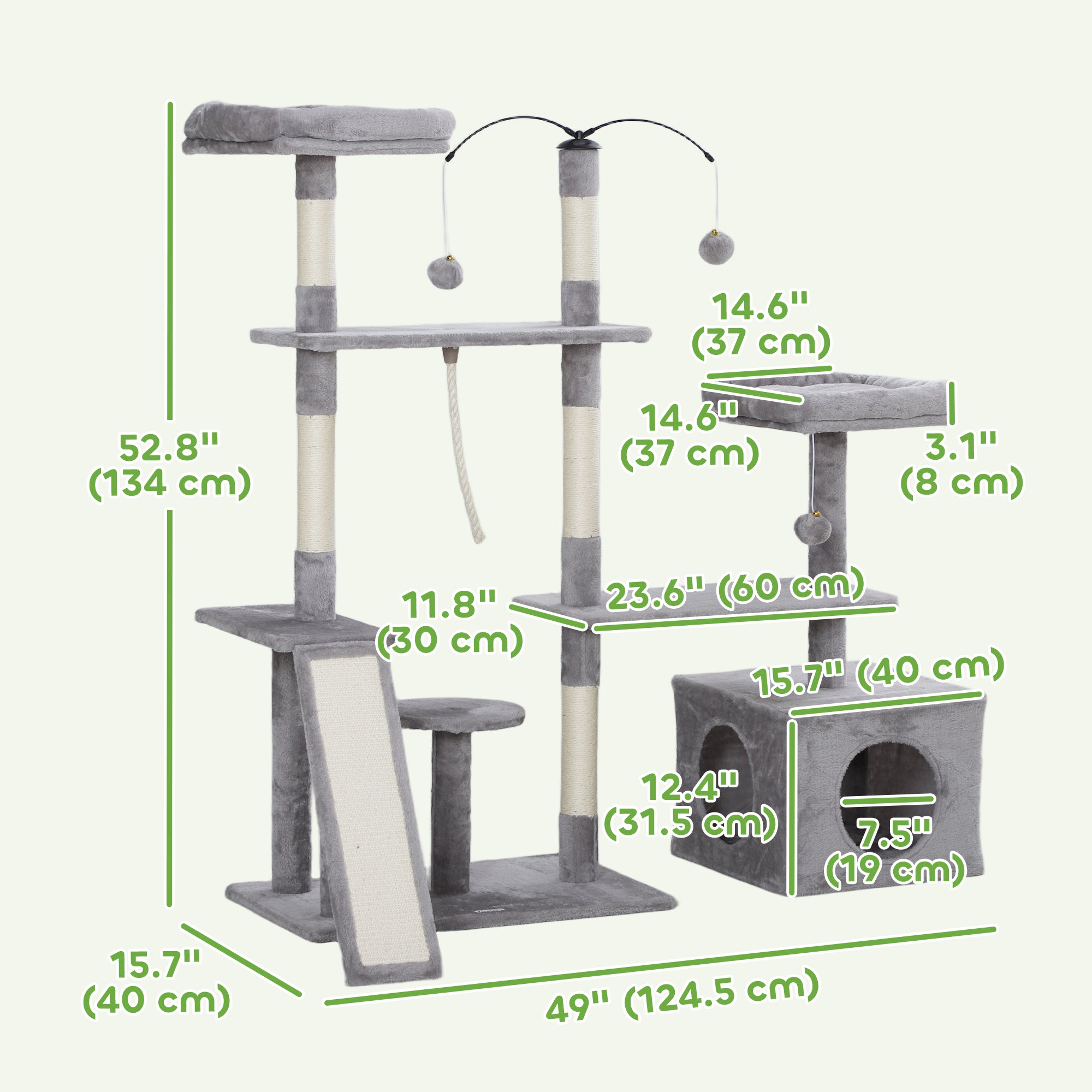 53" Cat Tree, Multi-Level Cat Tower for Indoor Cats with Sisal Scratching Posts, Cat Condo, Beds, Platforms, Ramp, Toy Balls, Cat Activity Center, Light Grey