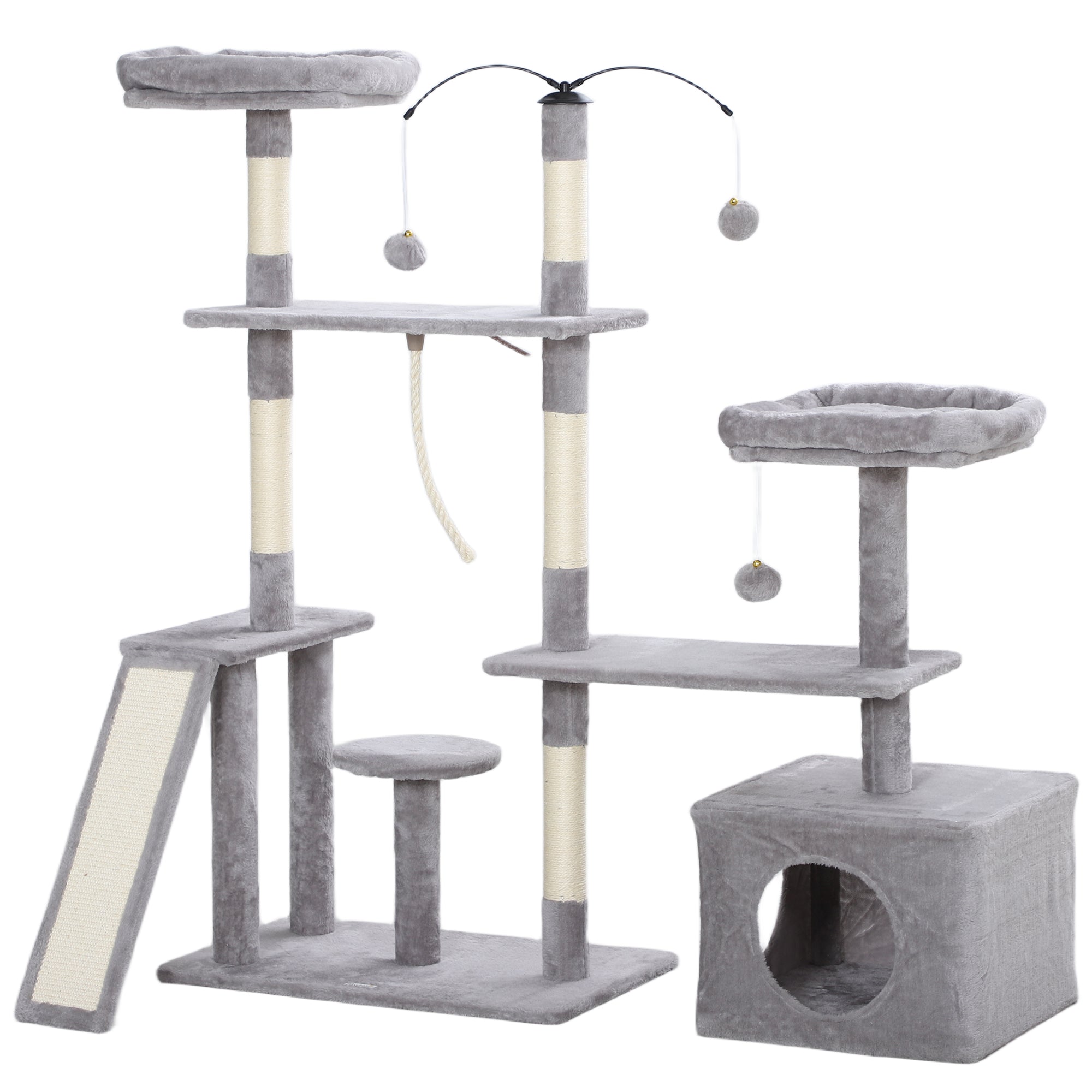 53" Cat Tree, Multi-Level Cat Tower for Indoor Cats with Sisal Scratching Posts, Cat Condo, Beds, Platforms, Ramp, Toy Balls, Cat Activity Center, Light Grey
