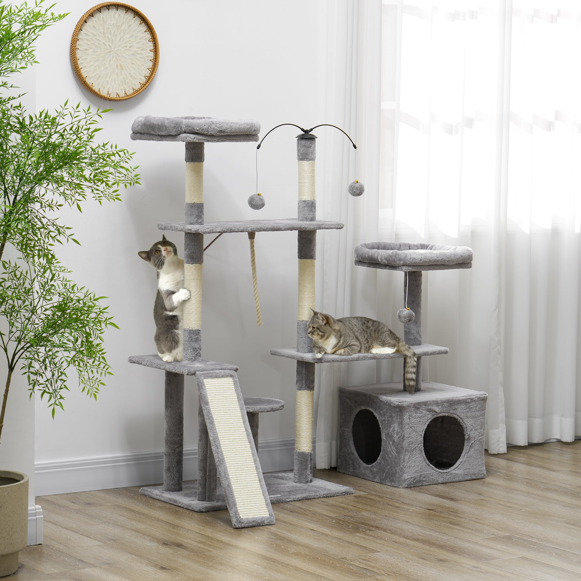 53" Cat Tree, Multi-Level Cat Tower for Indoor Cats with Sisal Scratching Posts, Cat Condo, Beds, Platforms, Ramp, Toy Balls, Cat Activity Center, Light Grey