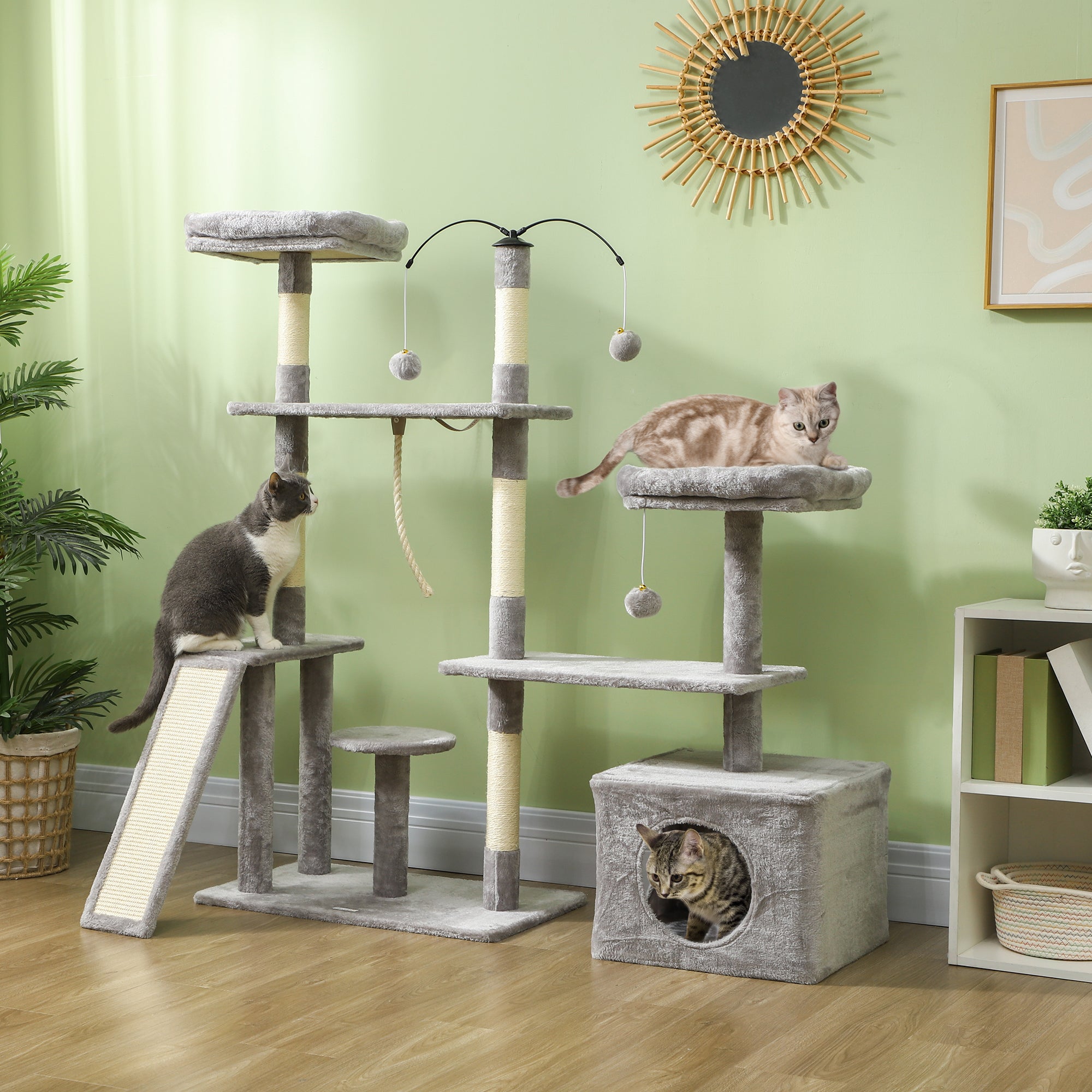 53" Cat Tree, Multi-Level Cat Tower for Indoor Cats with Sisal Scratching Posts, Cat Condo, Beds, Platforms, Ramp, Toy Balls, Cat Activity Center, Light Grey