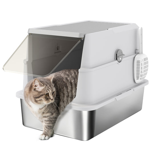Stainless Steel Cat Litter Tray, Extra Large Enclosed Litter Box for Large Cats with Scoop, Flip Top, Easy Cleaning, Light Grey
