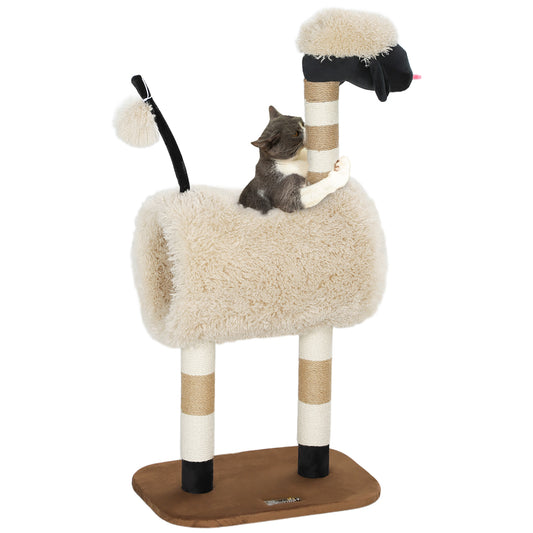 Cat Tree Sheep Design, 98 cm Multi-Level Cat Tower with Scratching Posts, Tunnel & Play Ball for Indoor Kitten Climbing, Playing, Relaxing, Easy Assembly, Light Brown