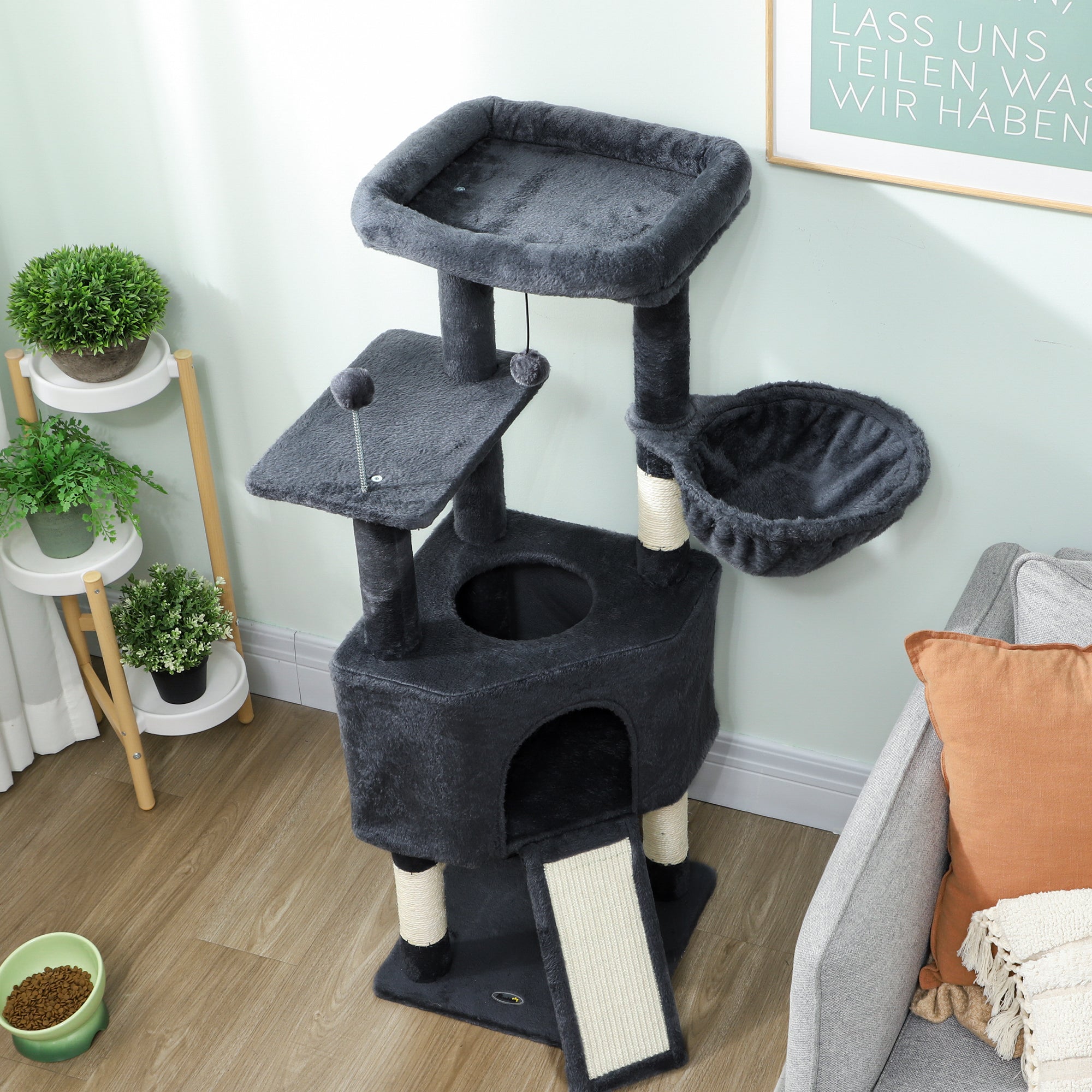 Cat Tree, 47 Inch Cat Tower with Large Cozy Condo, Hammock, Bed, Ladder, Toy Balls, Sisal Scratching Posts, for Indoor Kittens, Dark Grey