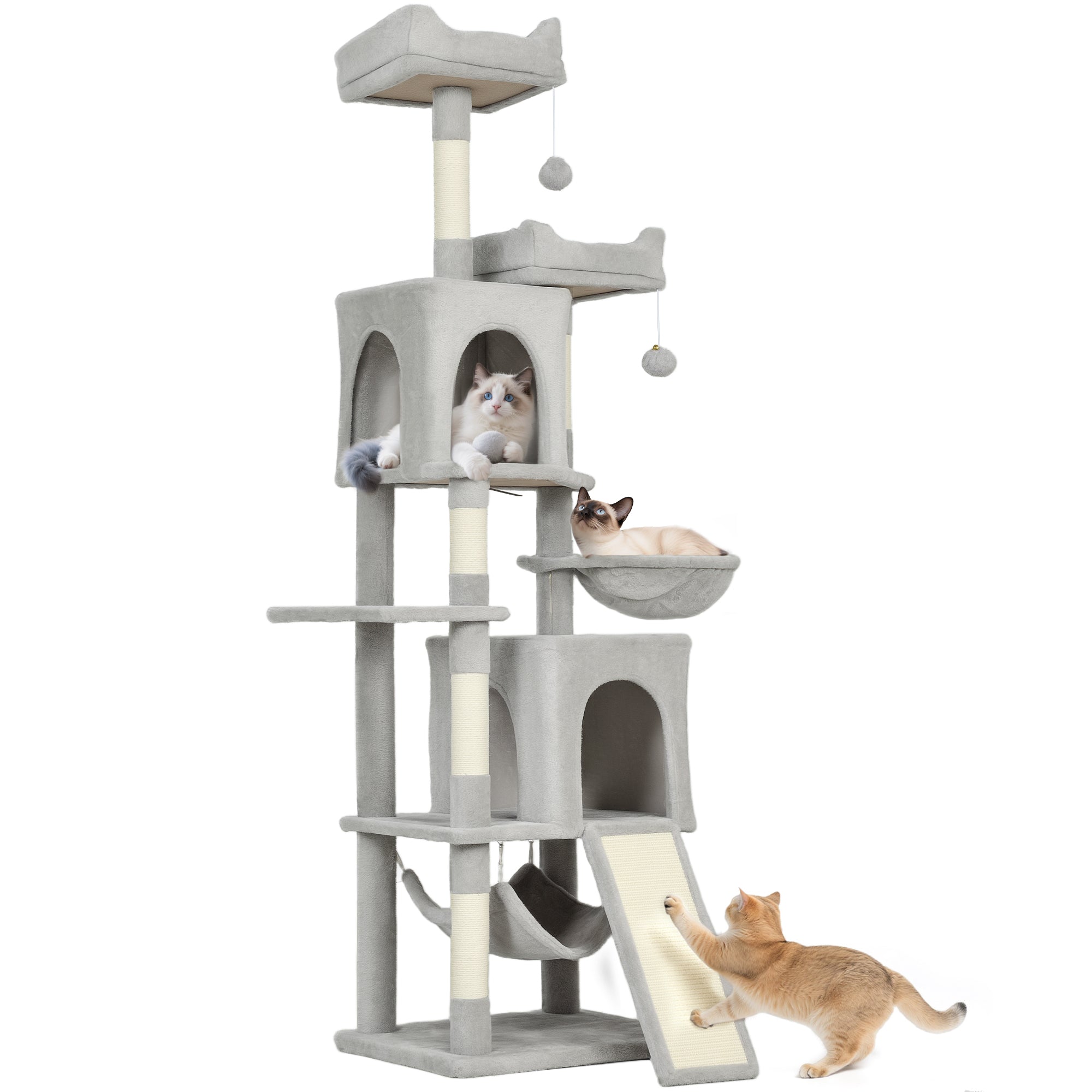 Cat Tree, 70" Multi-Level Cat Tower for Indoor with 2 Condos, 2 Plush Top Perches, Hammock, Platforms, Toy Balls, Sisal Scratching Posts and Board, Light Grey