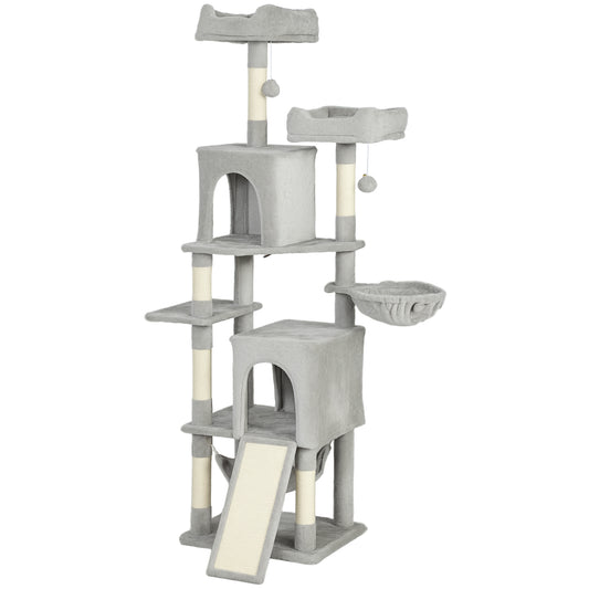 Cat Tree, 70" Multi-Level Cat Tower for Indoor with 2 Condos, 2 Plush Top Perches, Hammock, Platforms, Toy Balls, Sisal Scratching Posts and Board, Light Grey