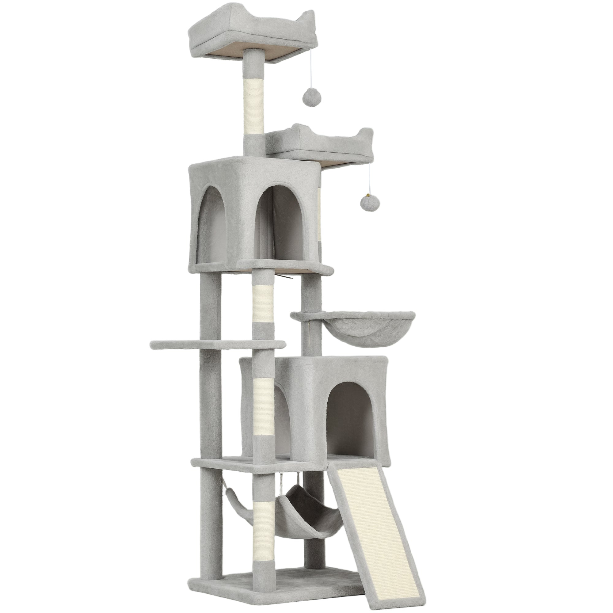 Cat Tree, 70" Multi-Level Cat Tower for Indoor with 2 Condos, 2 Plush Top Perches, Hammock, Platforms, Toy Balls, Sisal Scratching Posts and Board, Light Grey