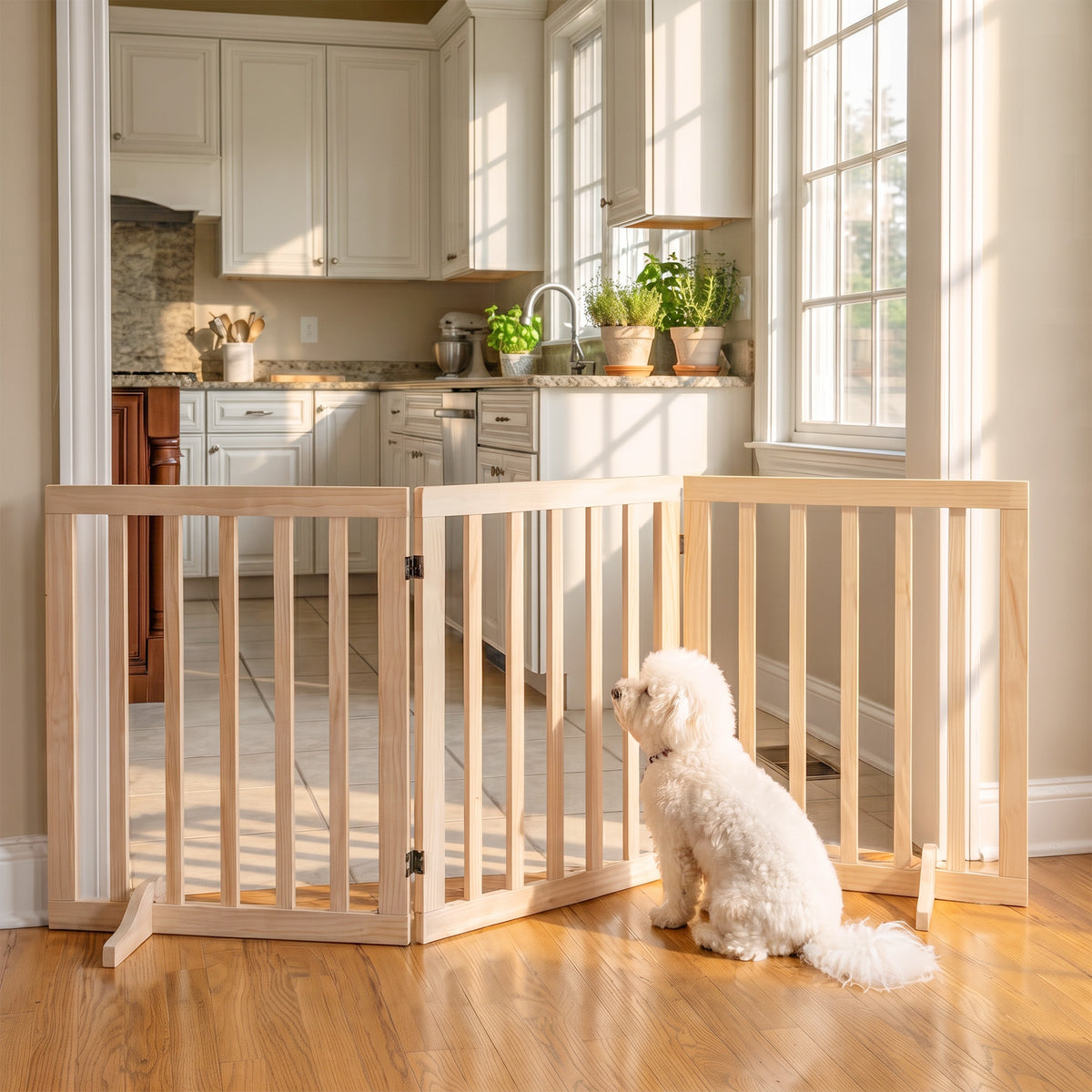 Wooden Dog Gate, 3-Panel Freestanding Pet Gates Indoor with 2 Support Feet and 360° Flexible Hinges, Foldable Dog Barrier for Stairs, Doorways, Bedrooms, 61H cm, Natural