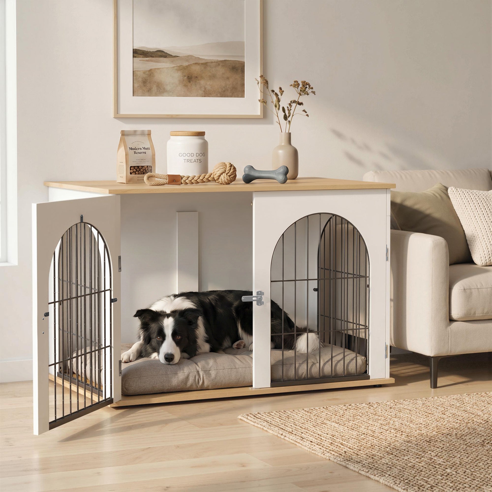 Dog Crate Furniture, Indoor Dog Cage with Double Doors for Large Breeds, Pet Kennel End Side Table with Arched Door Design, 100 x 60 x 69 cm, White