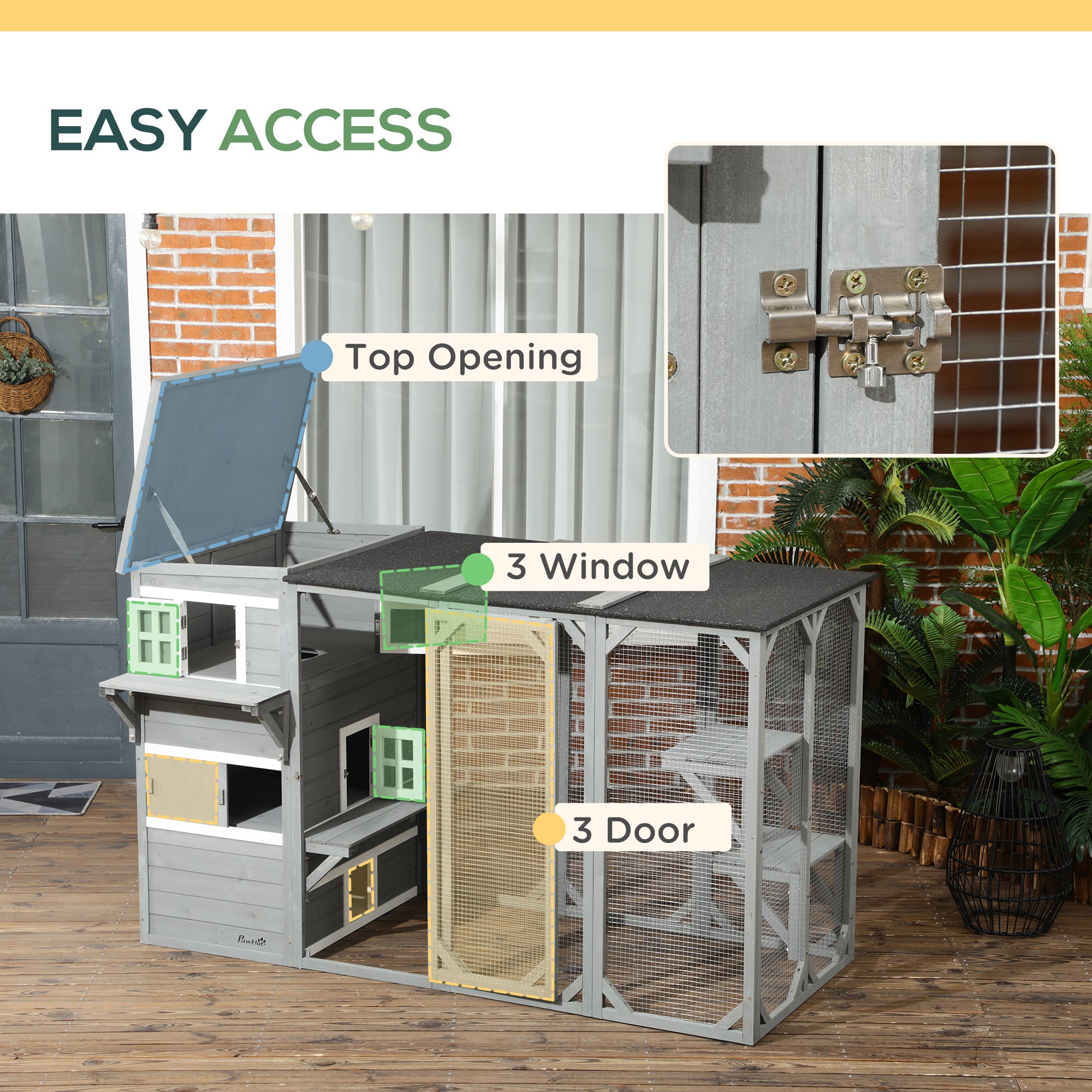 Wooden Cat Catio, 76"L Walk in Outdoor Cat House with Asphalt Roof, Platforms, Lockable Doors, 3-tier Resting Condo, Observation Window, for 2-3 Cats, Light Grey