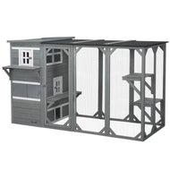 Wooden Cat Catio, 76"L Walk in Outdoor Cat House with Asphalt Roof, Platforms, Lockable Doors, 3-tier Resting Condo, Observation Window, for 2-3 Cats, Light Grey