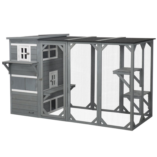 Wooden Cat Catio, 76"L Walk in Outdoor Cat House with Asphalt Roof, Platforms, Lockable Doors, 3-tier Resting Condo, Observation Window, for 2-3 Cats, Light Grey