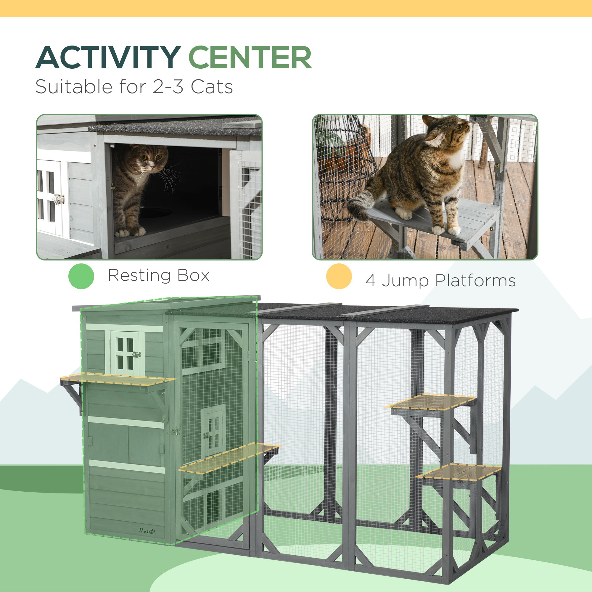 Wooden Cat Catio, 76"L Walk in Outdoor Cat House with Asphalt Roof, Platforms, Lockable Doors, 3-tier Resting Condo, Observation Window, for 2-3 Cats, Light Grey