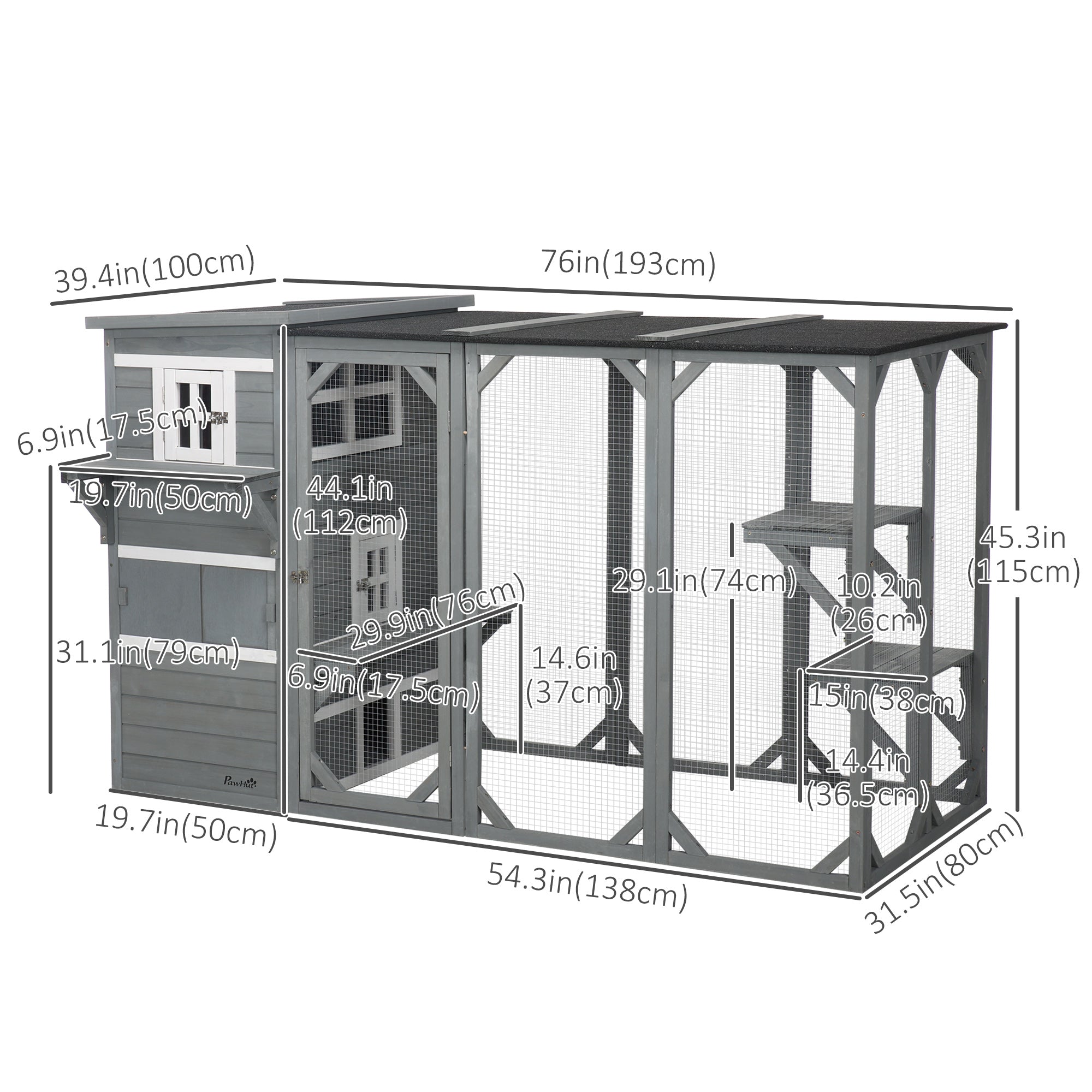 Wooden Cat Catio, 76"L Walk in Outdoor Cat House with Asphalt Roof, Platforms, Lockable Doors, 3-tier Resting Condo, Observation Window, for 2-3 Cats, Light Grey