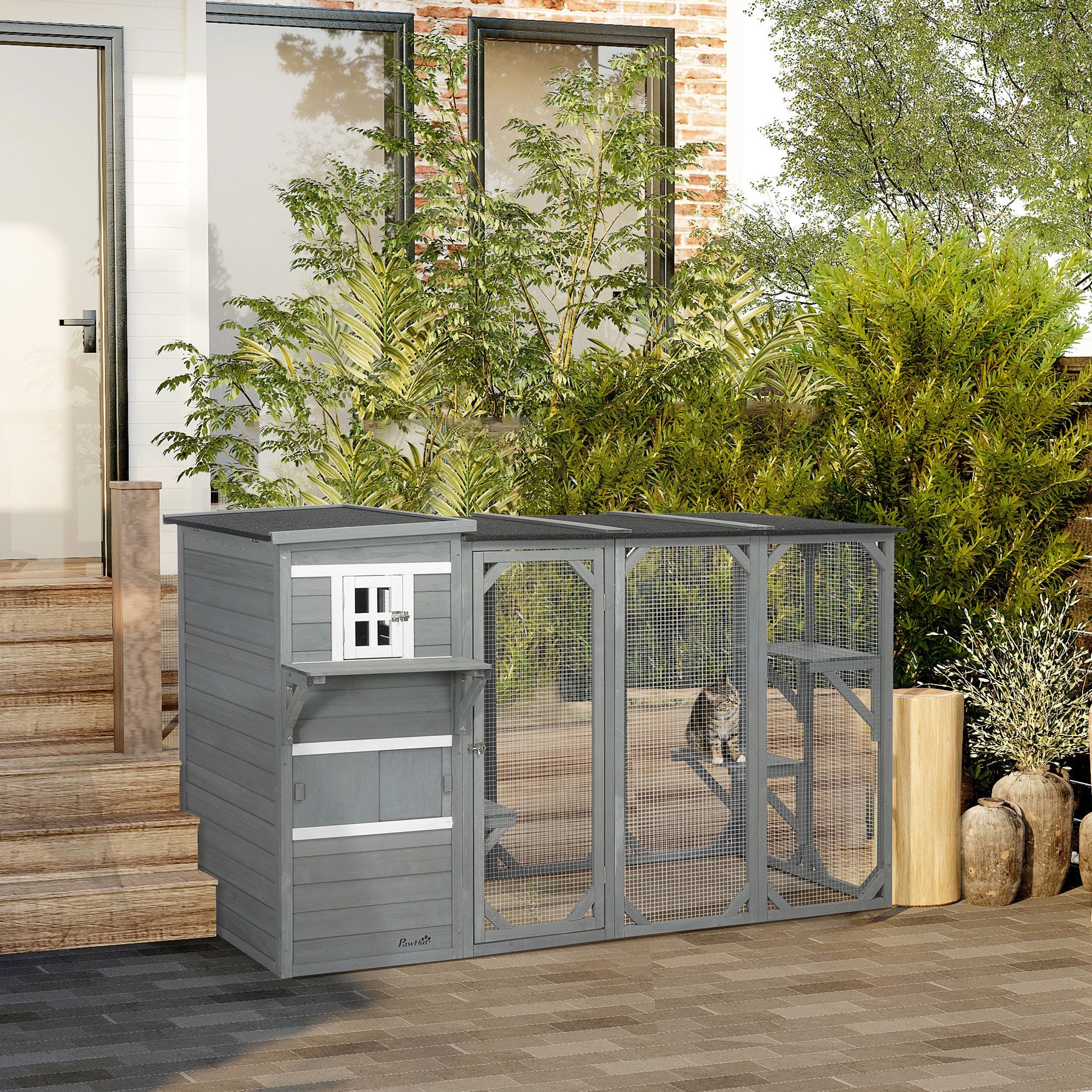 Wooden Cat Catio, 76"L Walk in Outdoor Cat House with Asphalt Roof, Platforms, Lockable Doors, 3-tier Resting Condo, Observation Window, for 2-3 Cats, Light Grey
