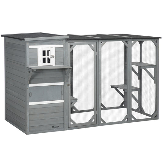 Wooden Cat Catio, 76"L Walk in Outdoor Cat House with Asphalt Roof, Platforms, Lockable Doors, 3-tier Resting Condo, Observation Window, for 2-3 Cats, Light Grey