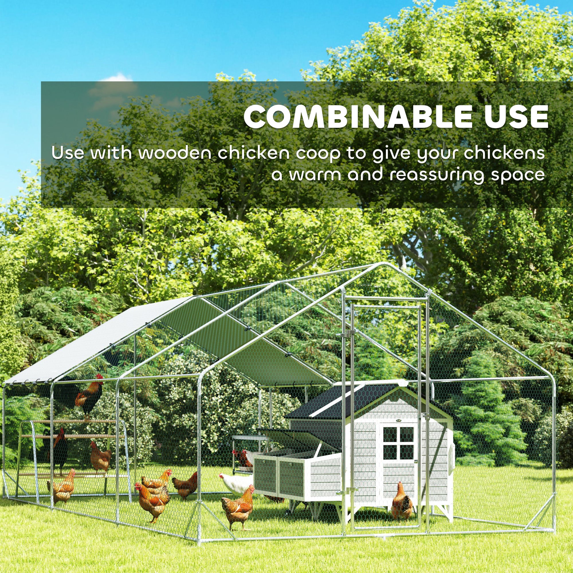 Large Metal Chicken Coop with Nesting Box, 9.8 x 19.7 x 6.4 ft Walk in Chicken Run for Yard with Waterproof Cover, Roosting Bars, for 18-24 Hens, Ducks, Rabbits, Poultries