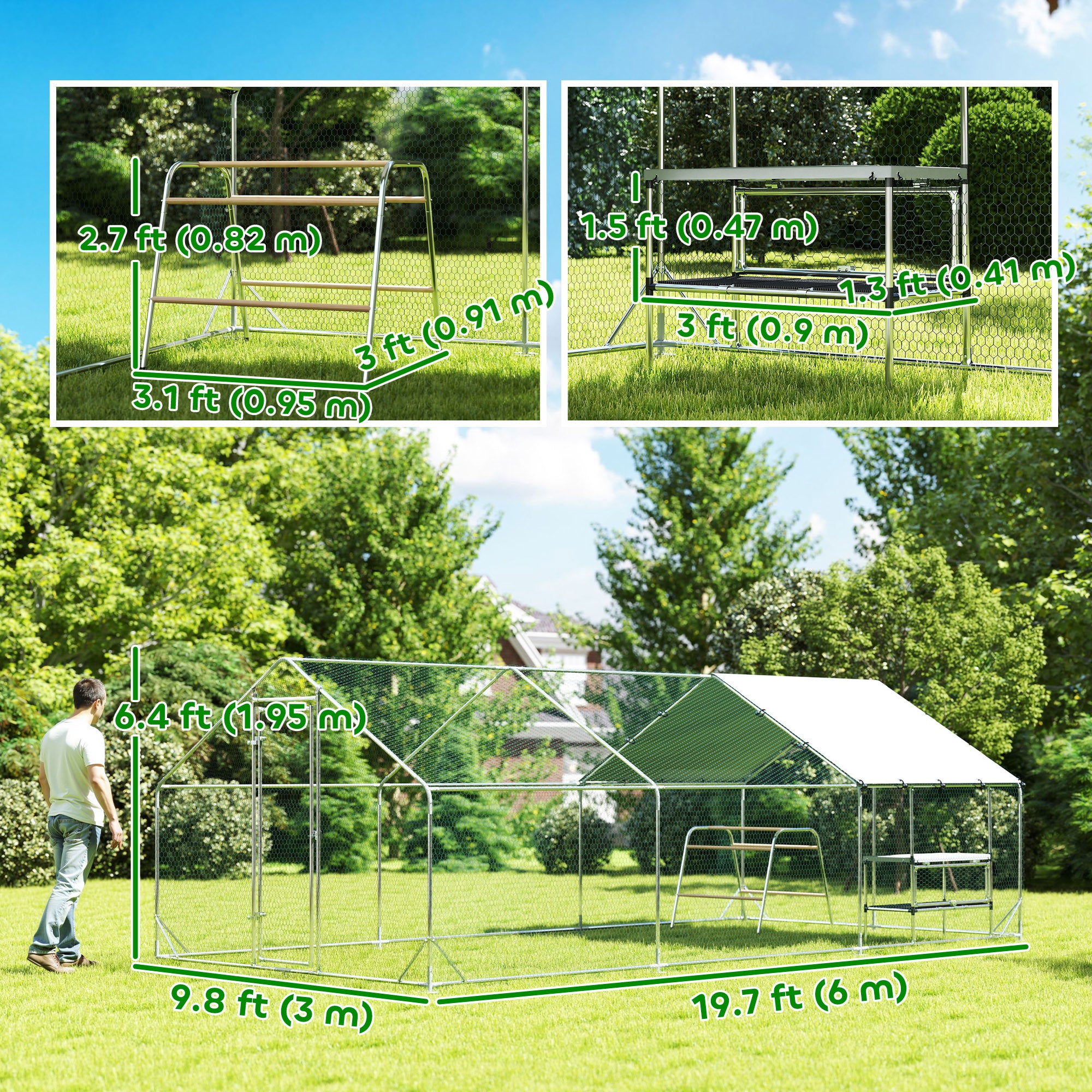 Large Metal Chicken Coop with Nesting Box, 9.8 x 19.7 x 6.4 ft Walk in Chicken Run for Yard with Waterproof Cover, Roosting Bars, for 18-24 Hens, Ducks, Rabbits, Poultries