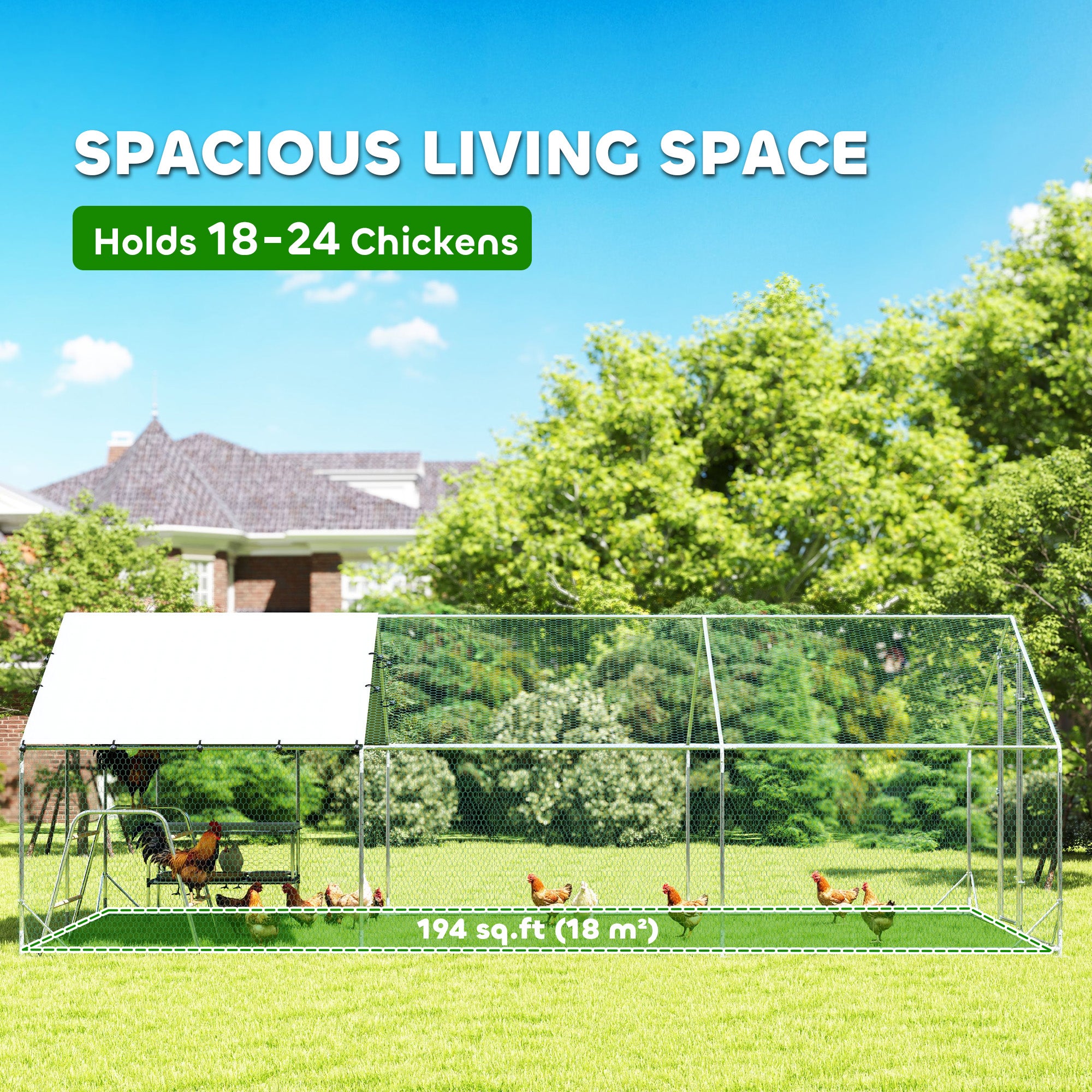 Large Metal Chicken Coop with Nesting Box, 9.8 x 19.7 x 6.4 ft Walk in Chicken Run for Yard with Waterproof Cover, Roosting Bars, for 18-24 Hens, Ducks, Rabbits, Poultries