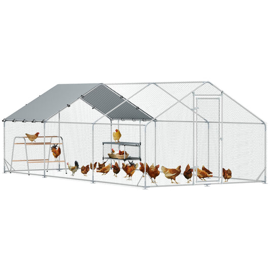 Large Metal Chicken Coop with Nesting Box, 9.8 x 19.7 x 6.4 ft Walk in Chicken Run for Yard with Waterproof Cover, Roosting Bars, for 18-24 Hens, Ducks, Rabbits, Poultries