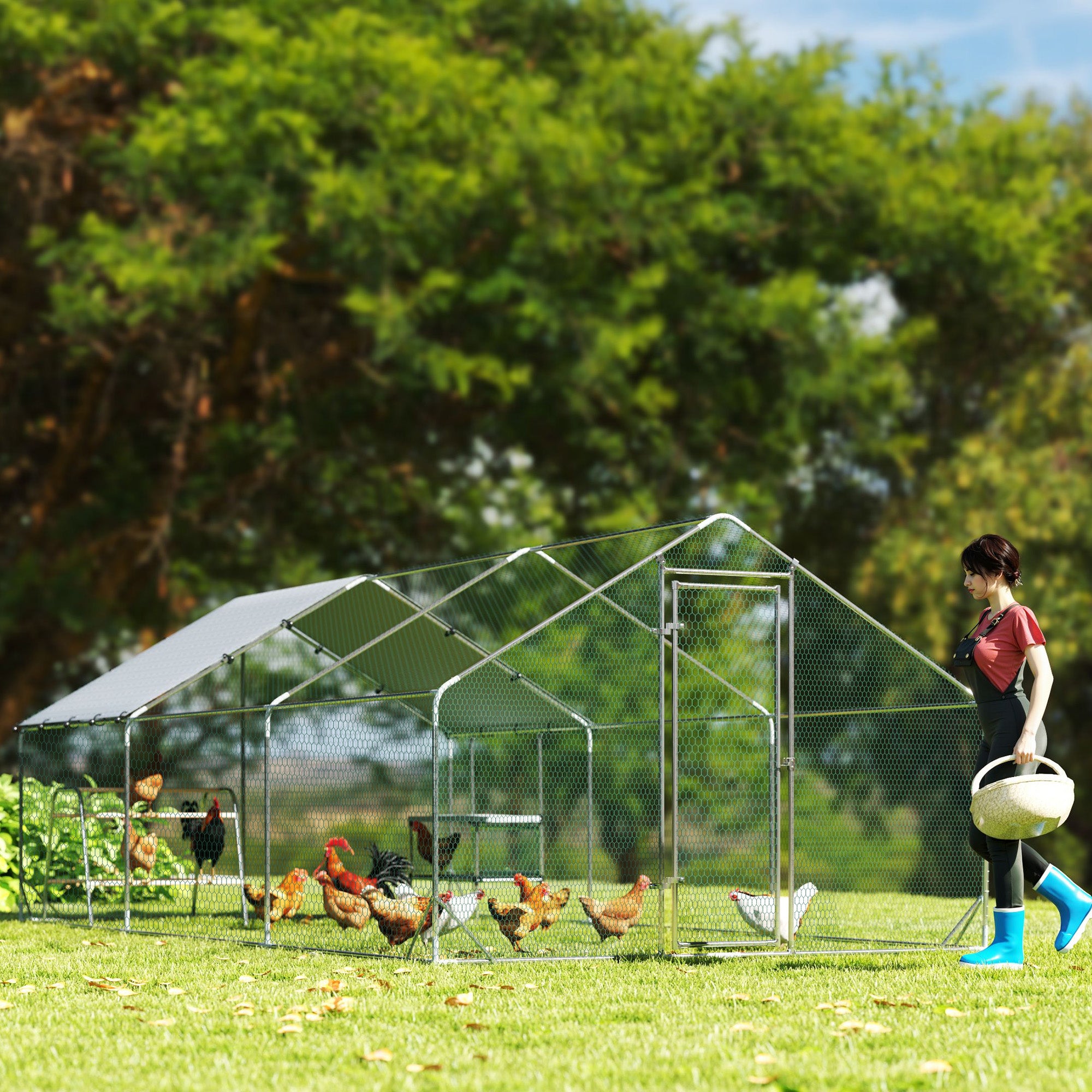 Large Metal Chicken Coop with Nesting Box, 9.8 x 19.7 x 6.4 ft Walk in Chicken Run for Yard with Waterproof Cover, Roosting Bars, for 18-24 Hens, Ducks, Rabbits, Poultries