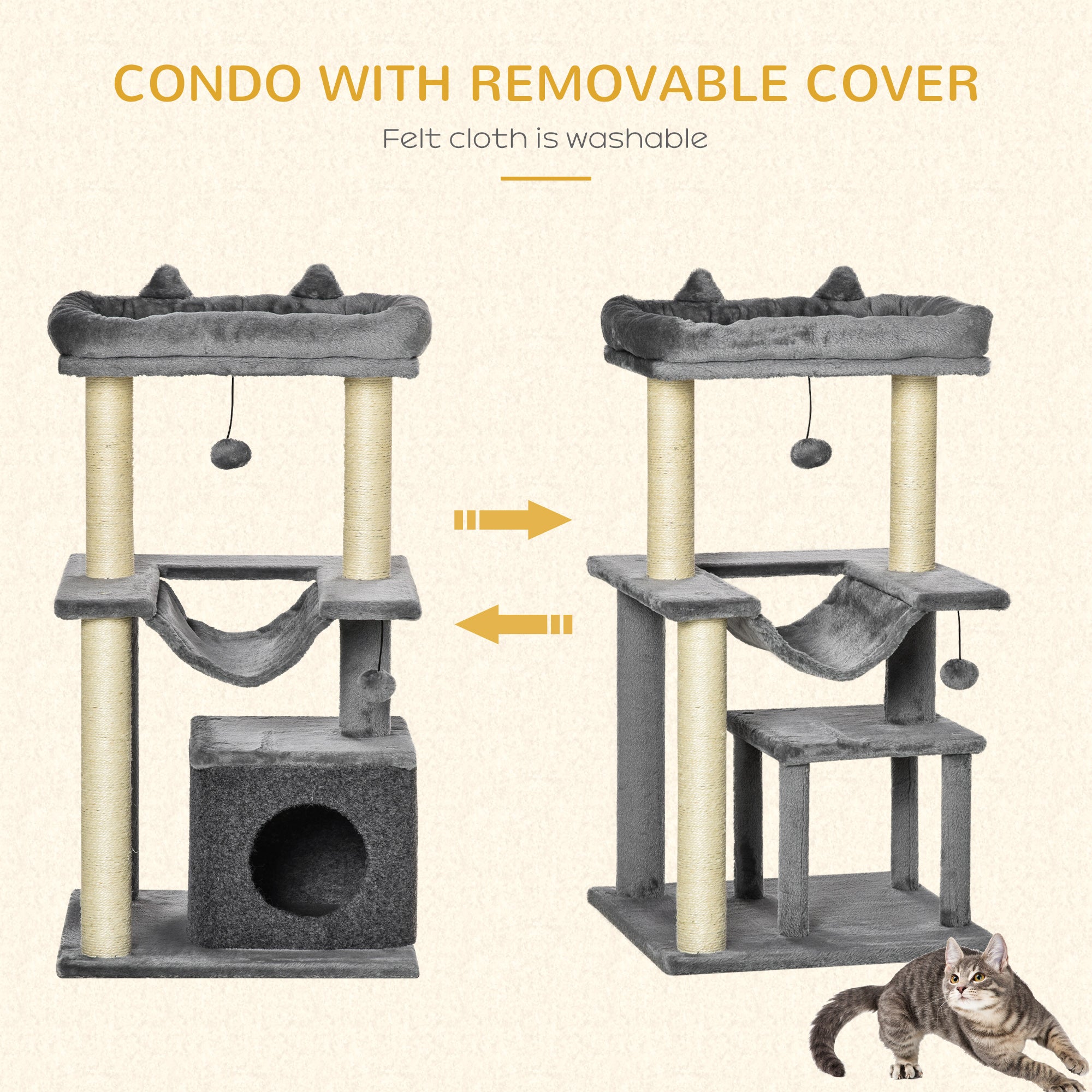 Cat Tree, 90cm Cat Tower with Sisal Scratching Posts, Cat Condo, Hammock, Top Perch and 2 Hanging Toys for Indoor Cats, Grey