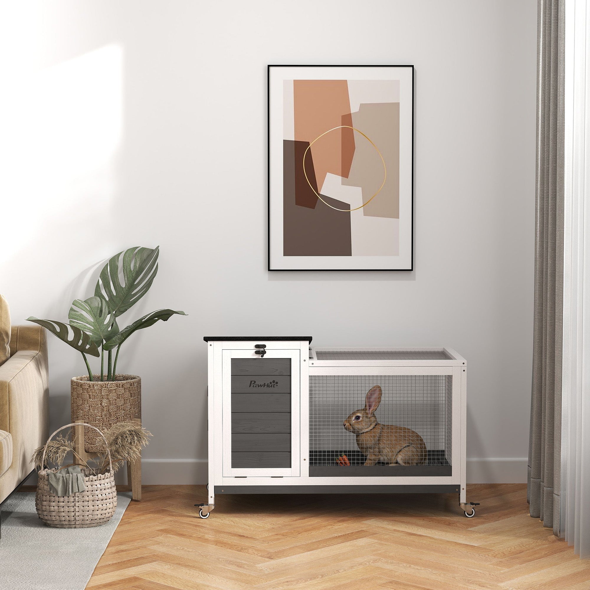 Wooden Rabbit Hutch, Indoor Outdoor Guinea Pig Cage with Pull-Out Tray, Asphalt Openable Roof, Small Animal Cage on Wheels with Run, Dark Grey