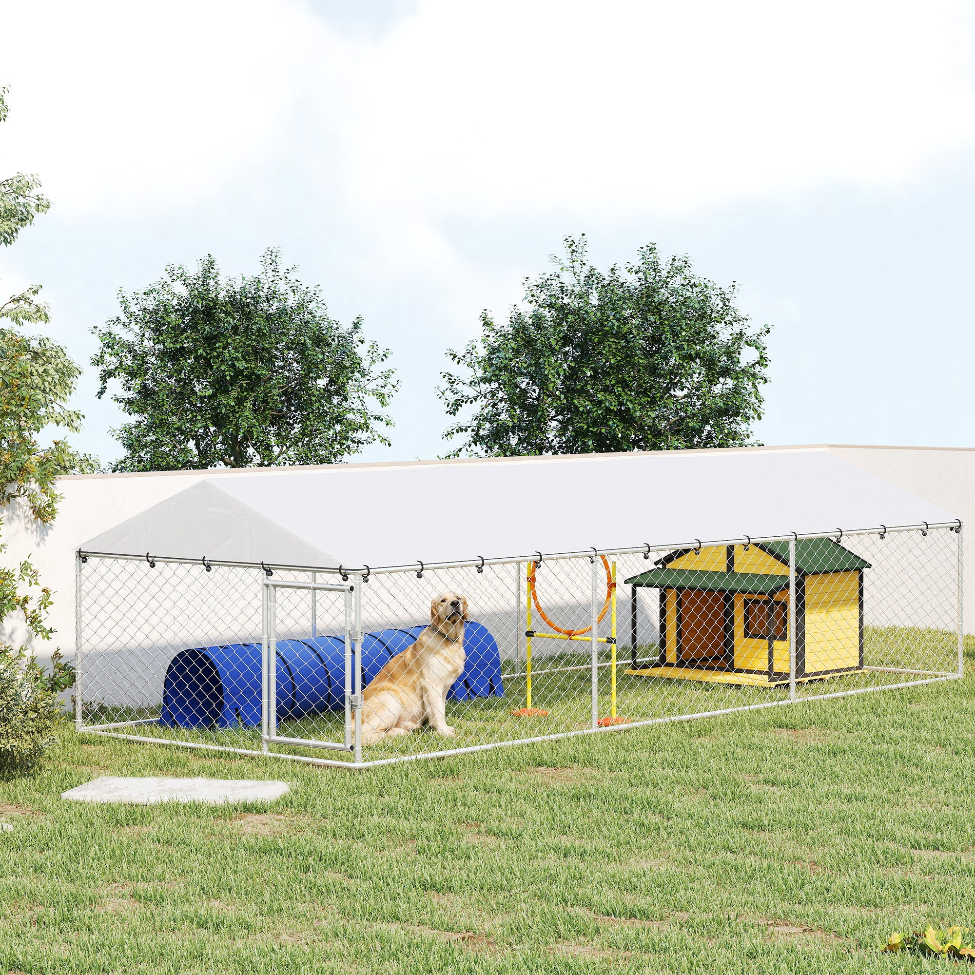 Outdoor Dog Kennel, Heavy Duty Dog Run Outdoor Fence with Waterproof Cover, Galvanized Chain Link, Double Secure Locks, for Large Breeds, Chickens, Ducks, 20' x 7.5' x 5'