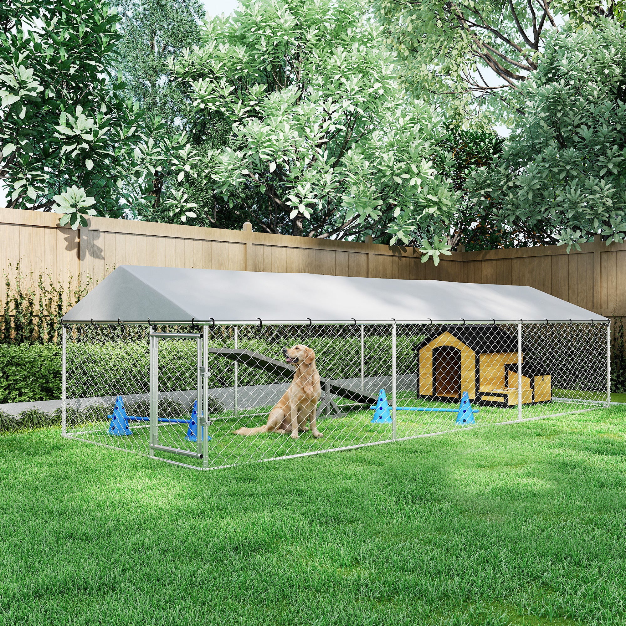 Outdoor Dog Kennel, Heavy Duty Dog Run Outdoor Fence with Waterproof Cover, Galvanized Chain Link, Double Secure Locks, for Large Breeds, Chickens, Ducks, 20' x 7.5' x 5'