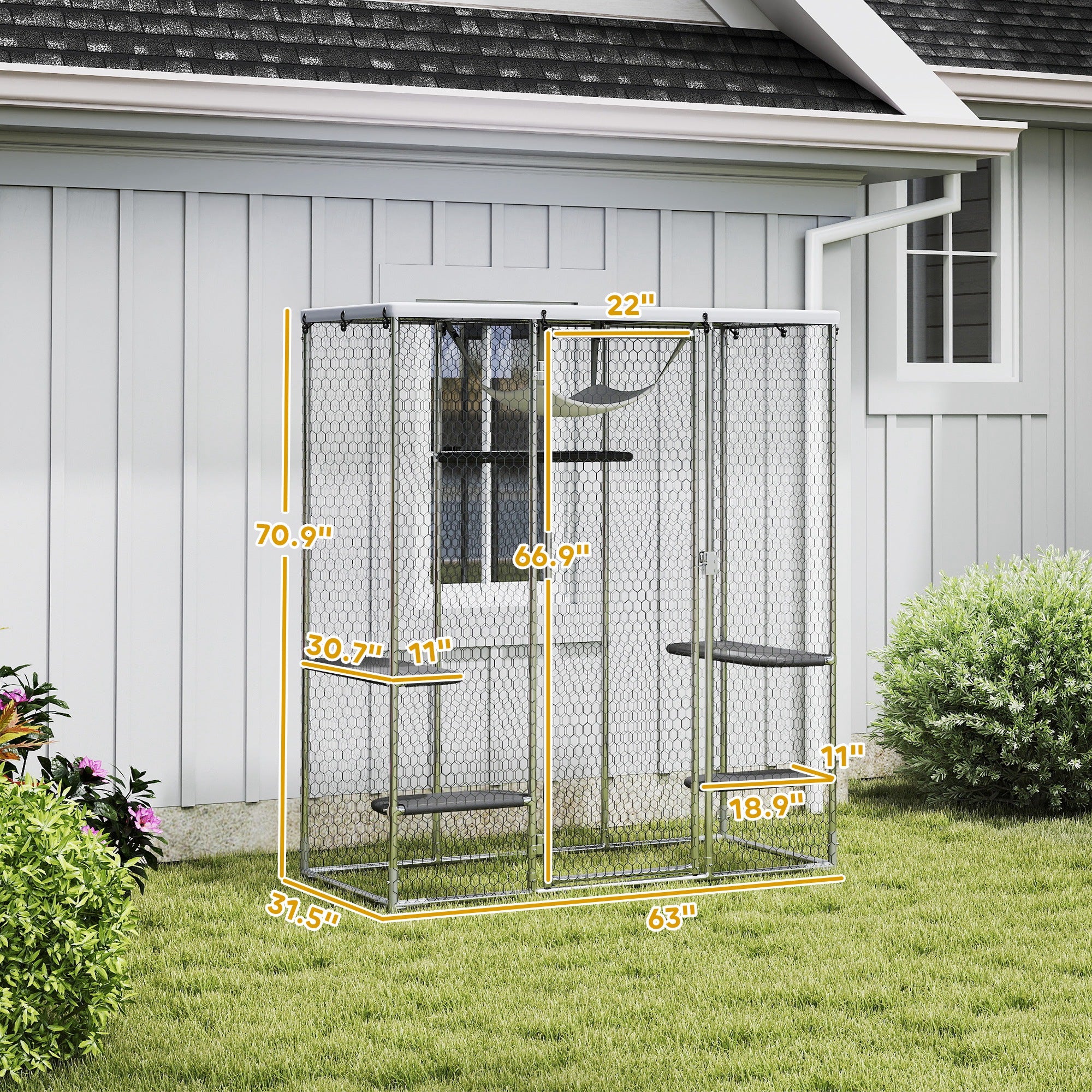 Large Catio Outdoor Cat Enclosure, Galvanized Steel Walk-in Cat Cage for Multiple Kittens, with Waterproof Cover, 5 Adjustable Platforms, Hammock, Metal Chicken Coop Run