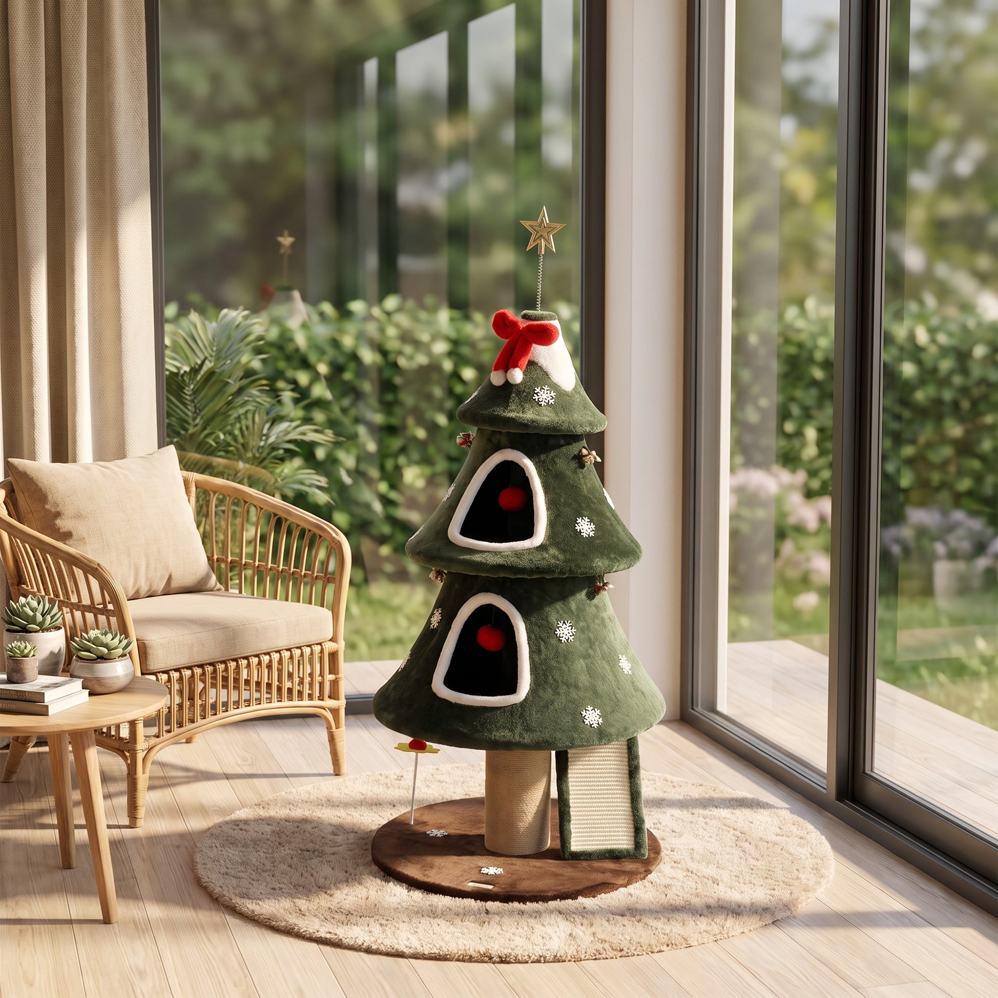 52" Christmas Cat Tree, 2-Tier Cat Tower with Dual Condos, Scratching Posts, Sisal Ladder, Anti-Tip Rope, Hanging Balls, Kitten Furniture for Indoor Cats, Green