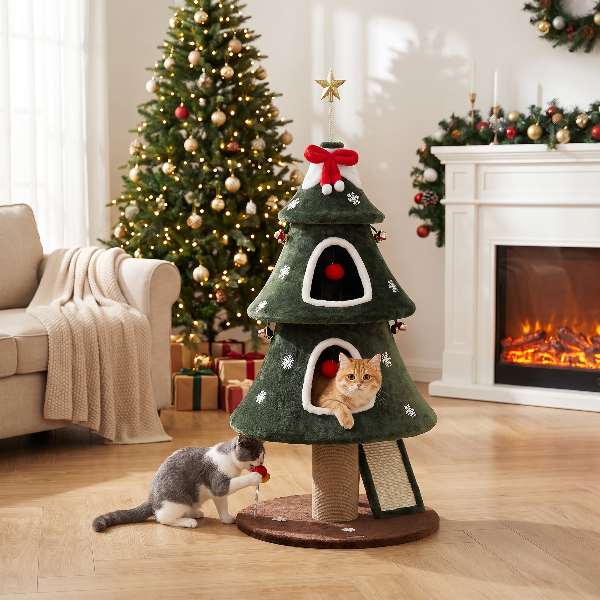 52" Christmas Cat Tree, 2-Tier Cat Tower with Dual Condos, Scratching Posts, Sisal Ladder, Anti-Tip Rope, Hanging Balls, Kitten Furniture for Indoor Cats, Green