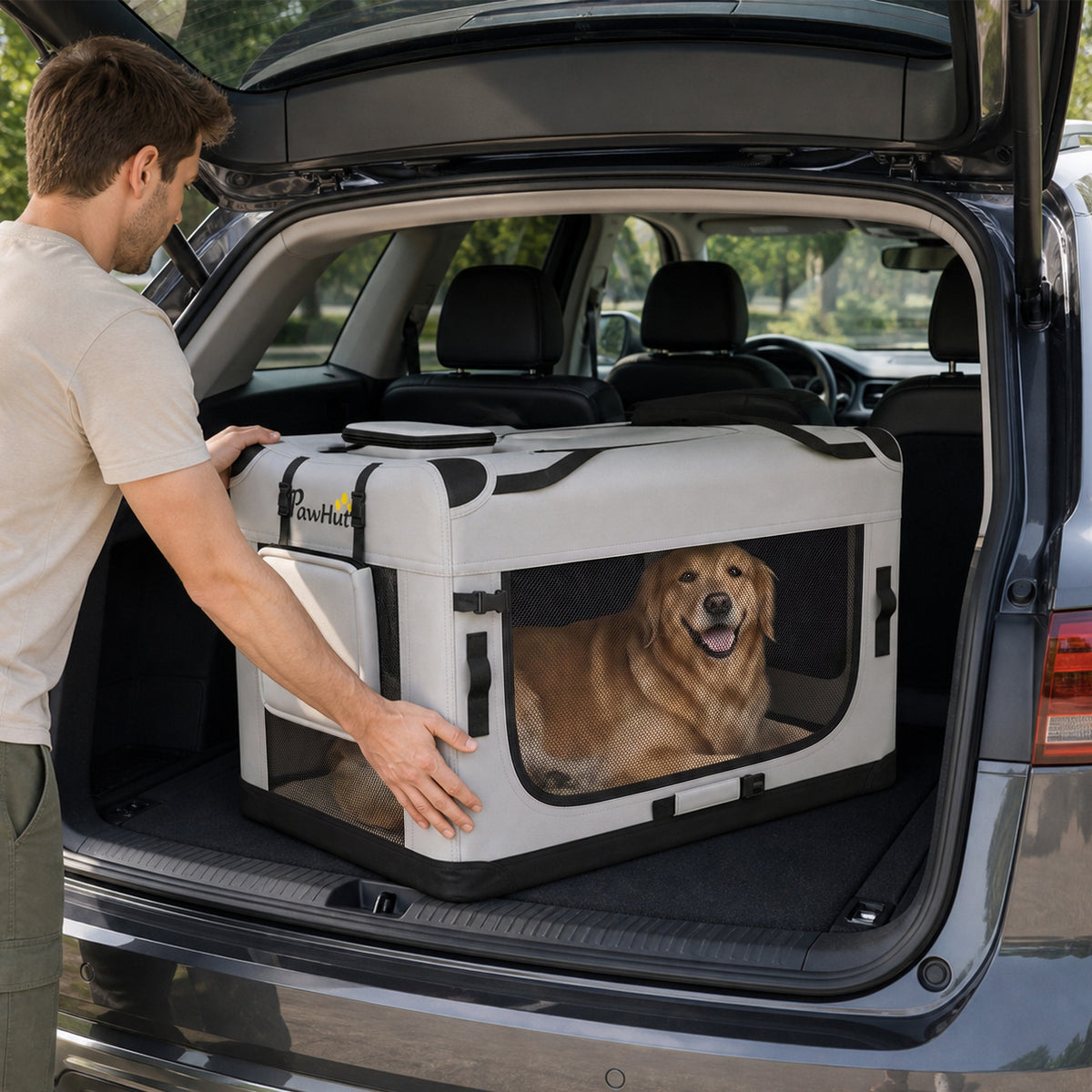 Pet Carrier Bag, Soft-Sided Dog Carrier for Extra Large Dogs, Portable Pet Travel Bag with Security Buckle Strap, Mesh Windows, Washable Cushion and Bowl, Light Grey