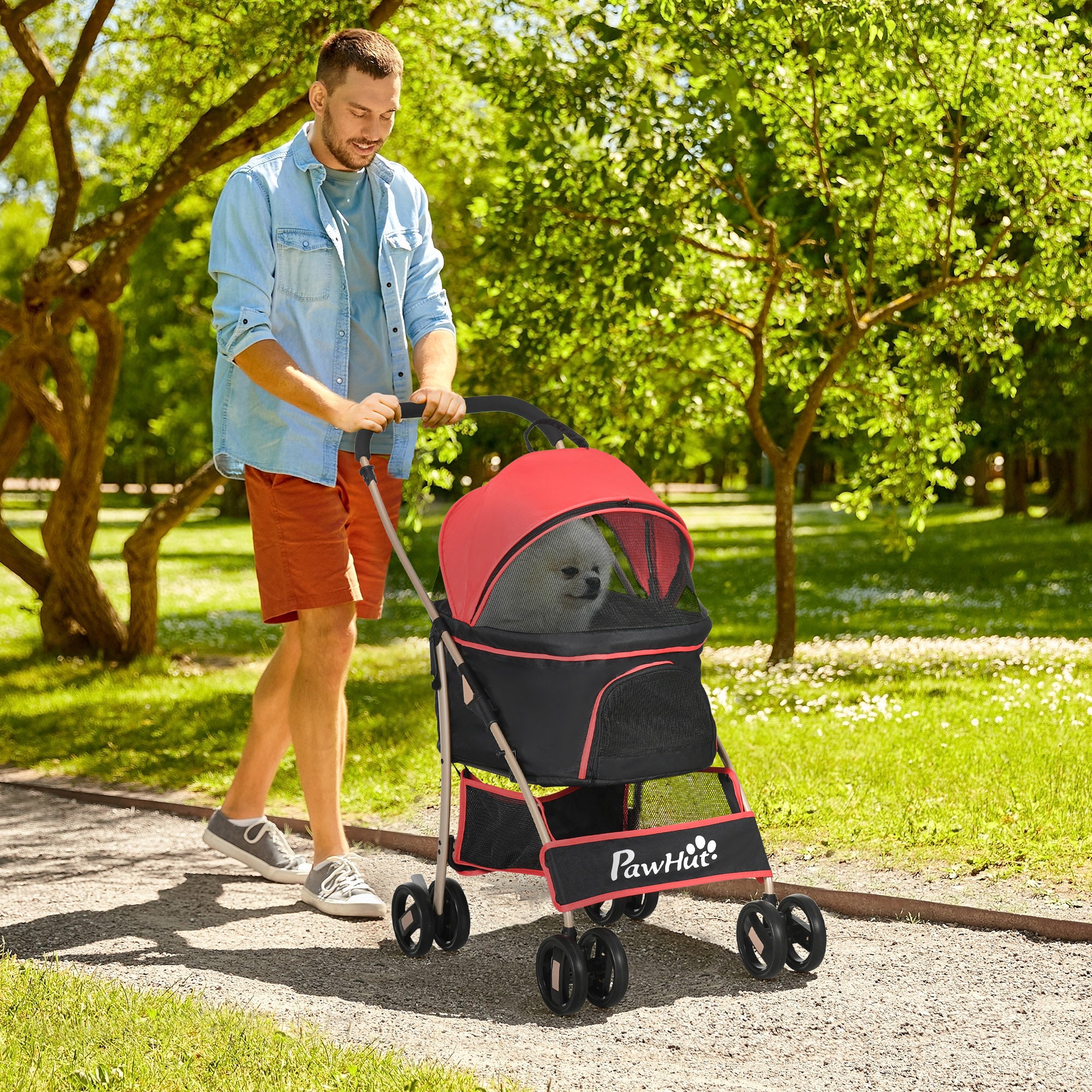 Dog Pram Dog Stroller 3 in 1 Pet Pushchair Detachable Design with Universal Wheels, Brake for Small Miniature Dogs - Red