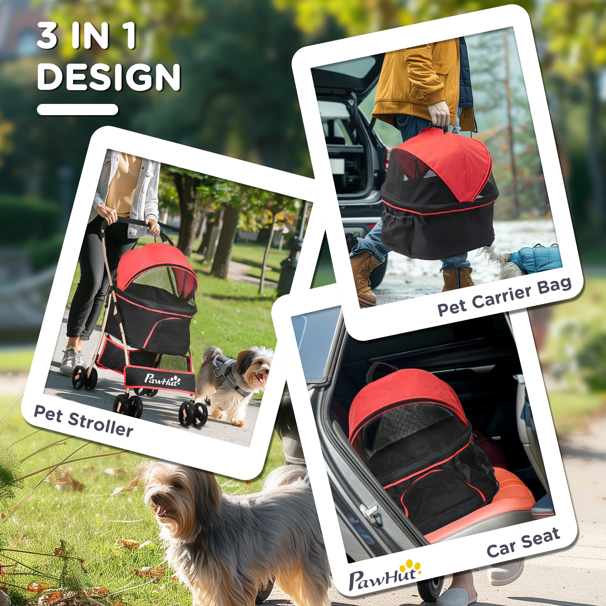 Dog Pram Dog Stroller 3 in 1 Pet Pushchair Detachable Design with Universal Wheels, Brake for Small Miniature Dogs - Red