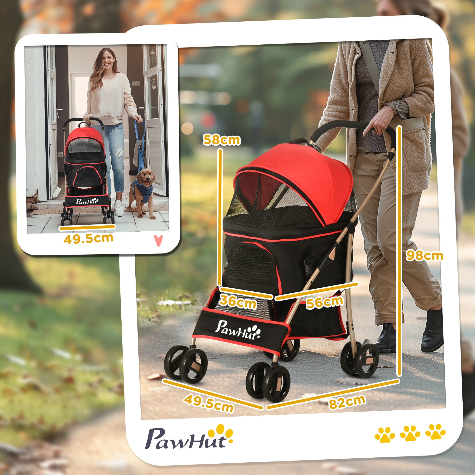Dog Pram Dog Stroller 3 in 1 Pet Pushchair Detachable Design with Universal Wheels, Brake for Small Miniature Dogs - Red