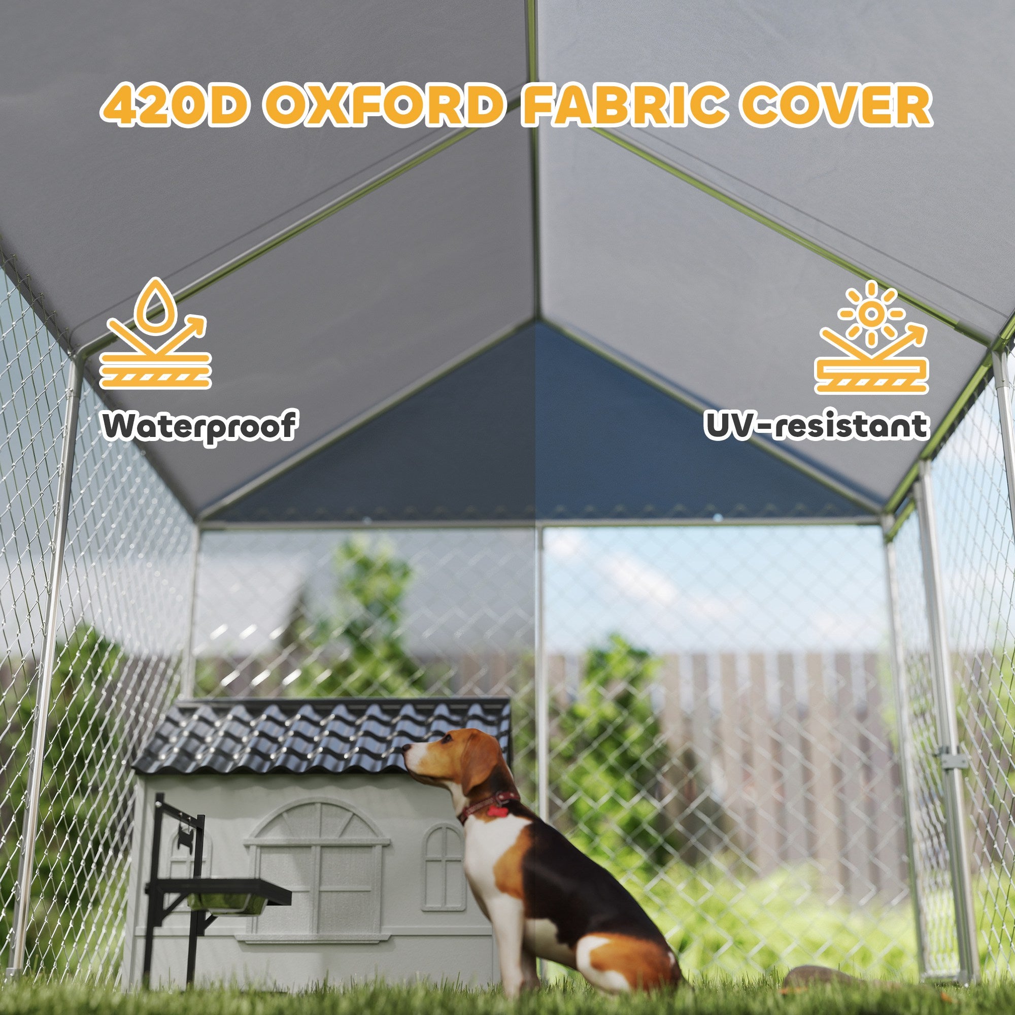 Outdoor Dog Kennel with Roof, Heavy Duty Galvanized Steel Dog Run Chain Link w/ Waterproof UV-Resistant Cover, Safety Lockable Latch System, 9.2' x 7.5' x 7.2'