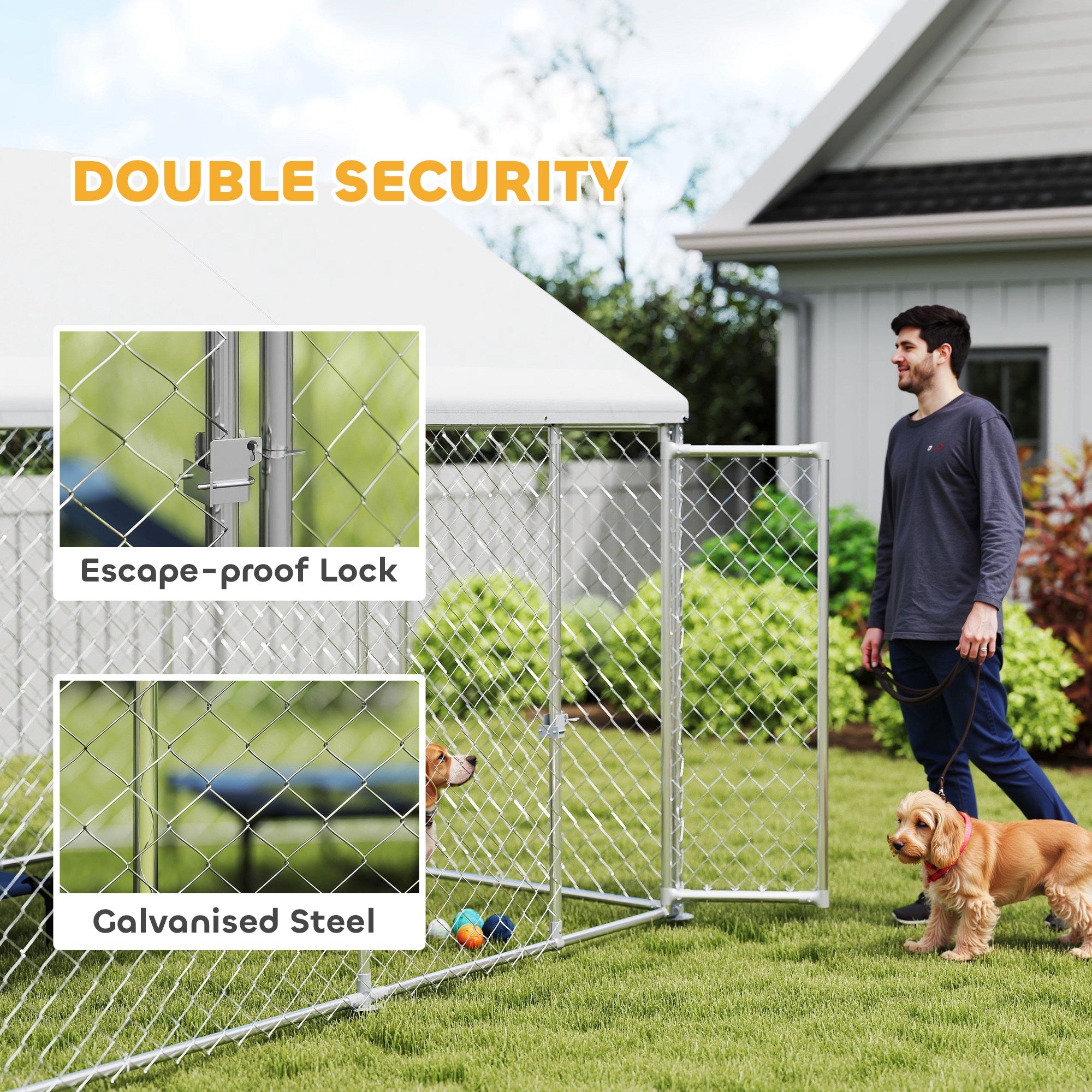 Outdoor Dog Kennel with Roof, Heavy Duty Galvanized Steel Dog Run Chain Link w/ Waterproof UV-Resistant Cover, Safety Lockable Latch System, 9.2' x 7.5' x 7.2'