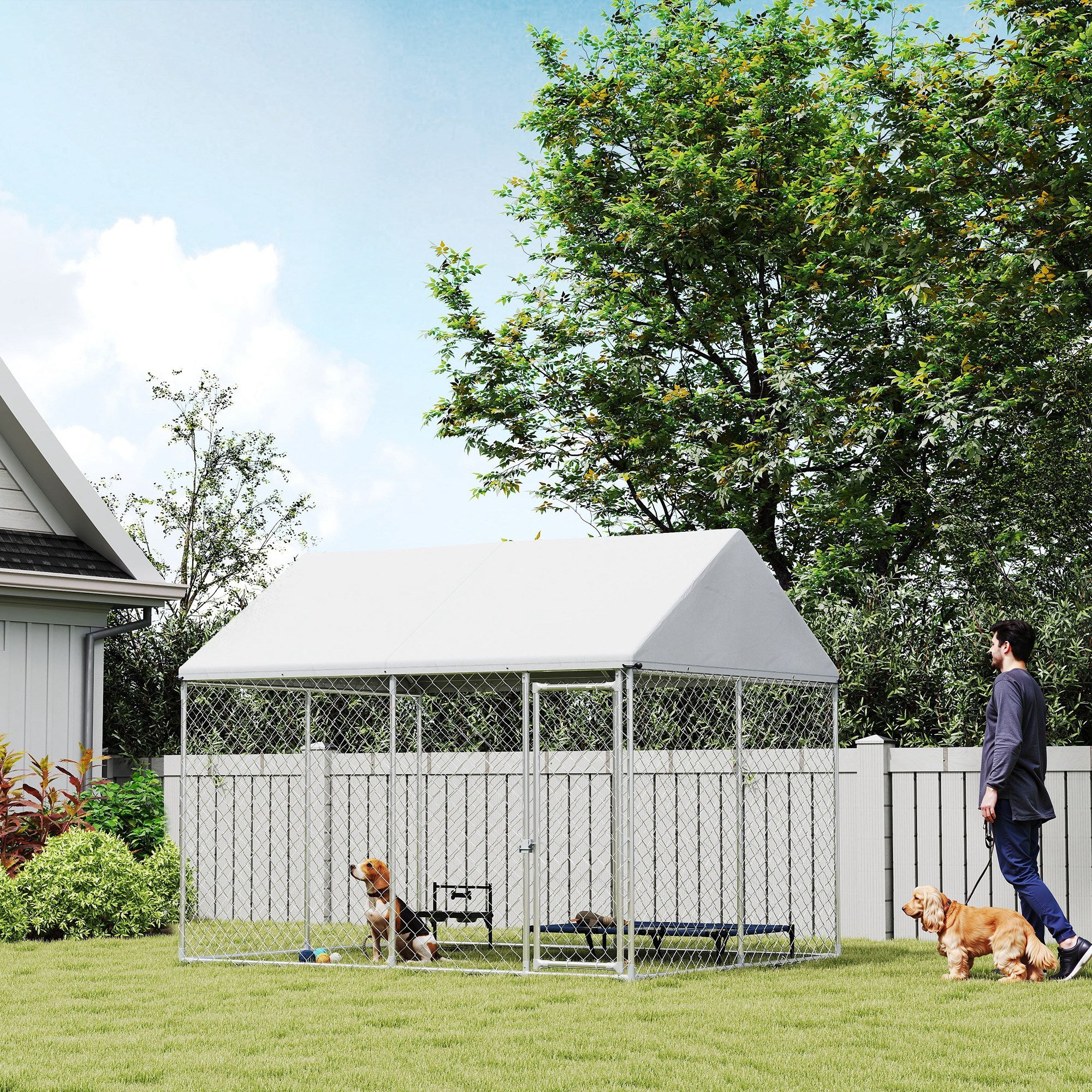 Outdoor Dog Kennel with Roof, Heavy Duty Galvanized Steel Dog Run Chain Link w/ Waterproof UV-Resistant Cover, Safety Lockable Latch System, 9.2' x 7.5' x 7.2'