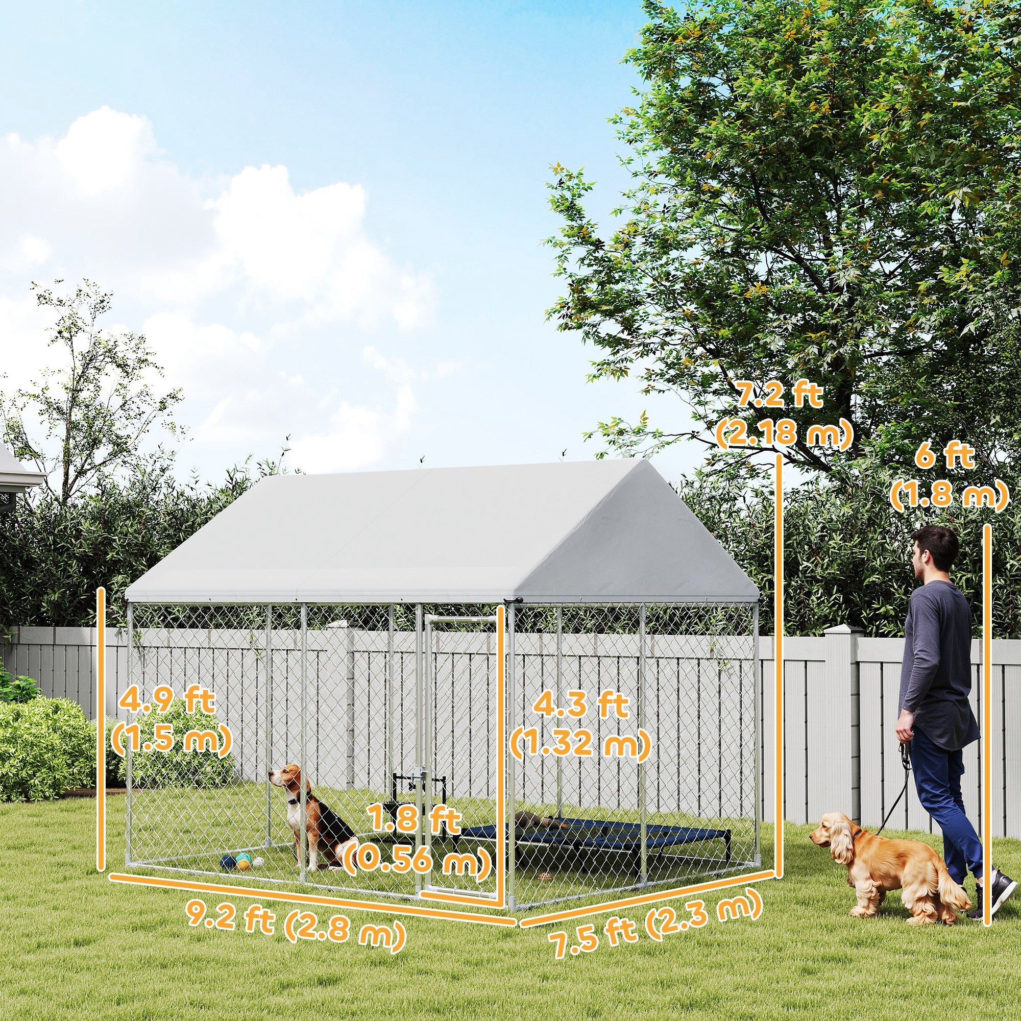 Outdoor Dog Kennel with Roof, Heavy Duty Galvanized Steel Dog Run Chain Link w/ Waterproof UV-Resistant Cover, Safety Lockable Latch System, 9.2' x 7.5' x 7.2'