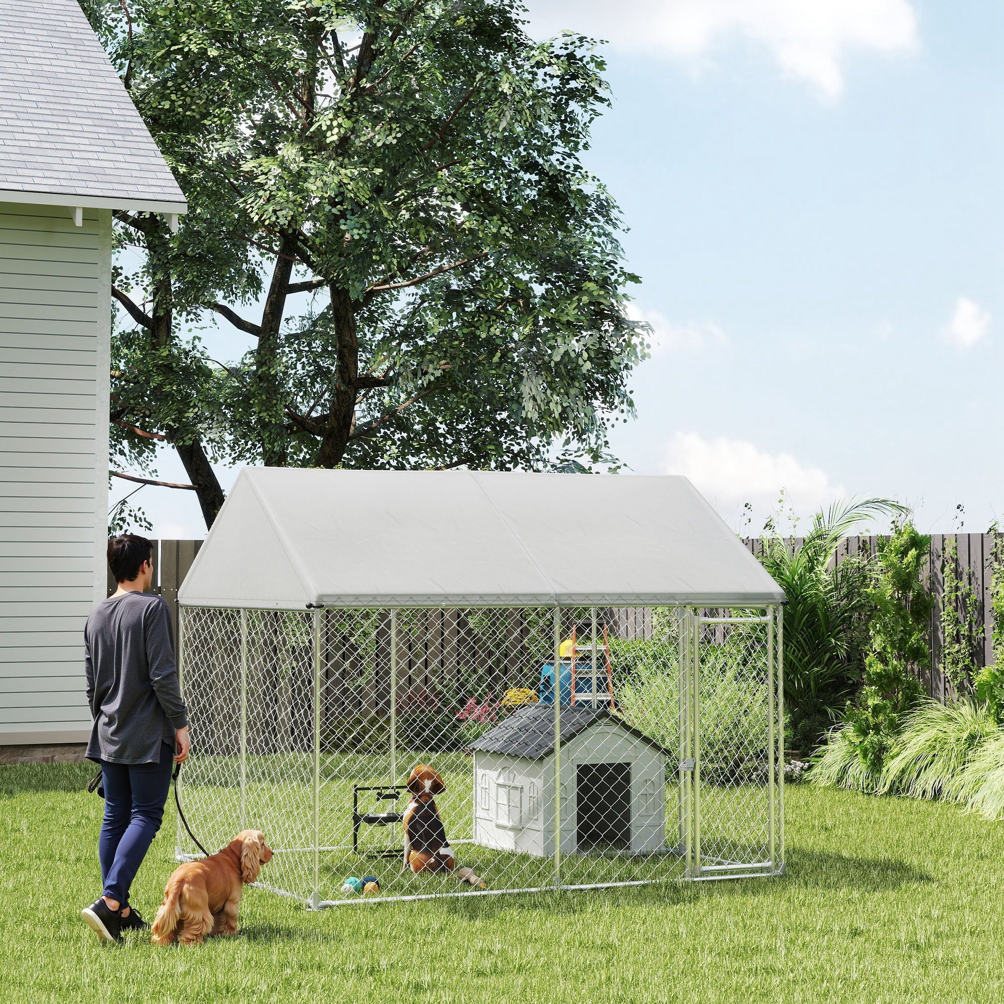 Outdoor Dog Kennel with Roof, Heavy Duty Galvanized Steel Dog Run Chain Link w/ Waterproof UV-Resistant Cover, Safety Lockable Latch System, 9.2' x 7.5' x 7.2'