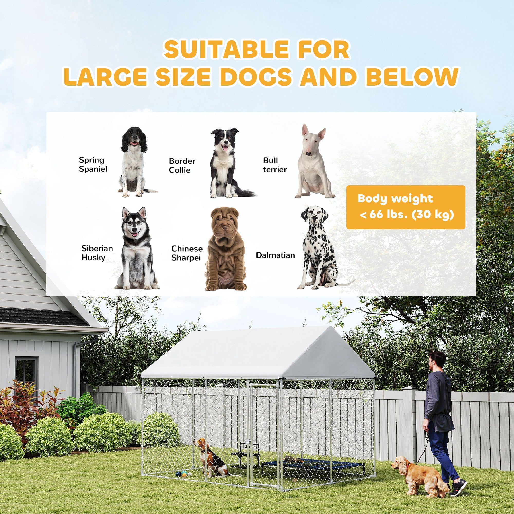 Outdoor Dog Kennel with Roof, Heavy Duty Galvanized Steel Dog Run Chain Link w/ Waterproof UV-Resistant Cover, Safety Lockable Latch System, 9.2' x 7.5' x 7.2'