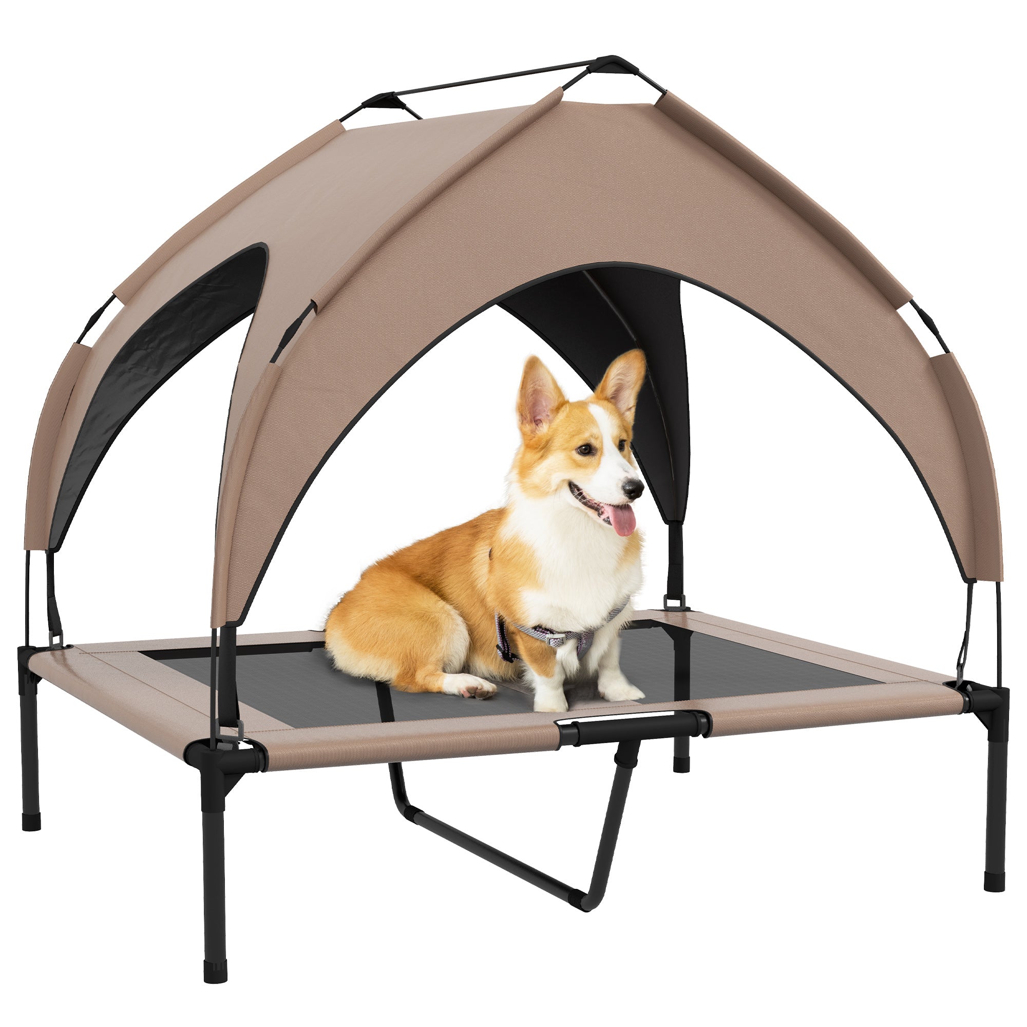Elevated Dog Bed with Canopy, Cooling Dog Cot Bed for Camping, Portable Raised Pet Cot with Washable Breathable Mesh, for Indoor Outdoor, M & L Dogs, 36" x 30" x 35", Coffee