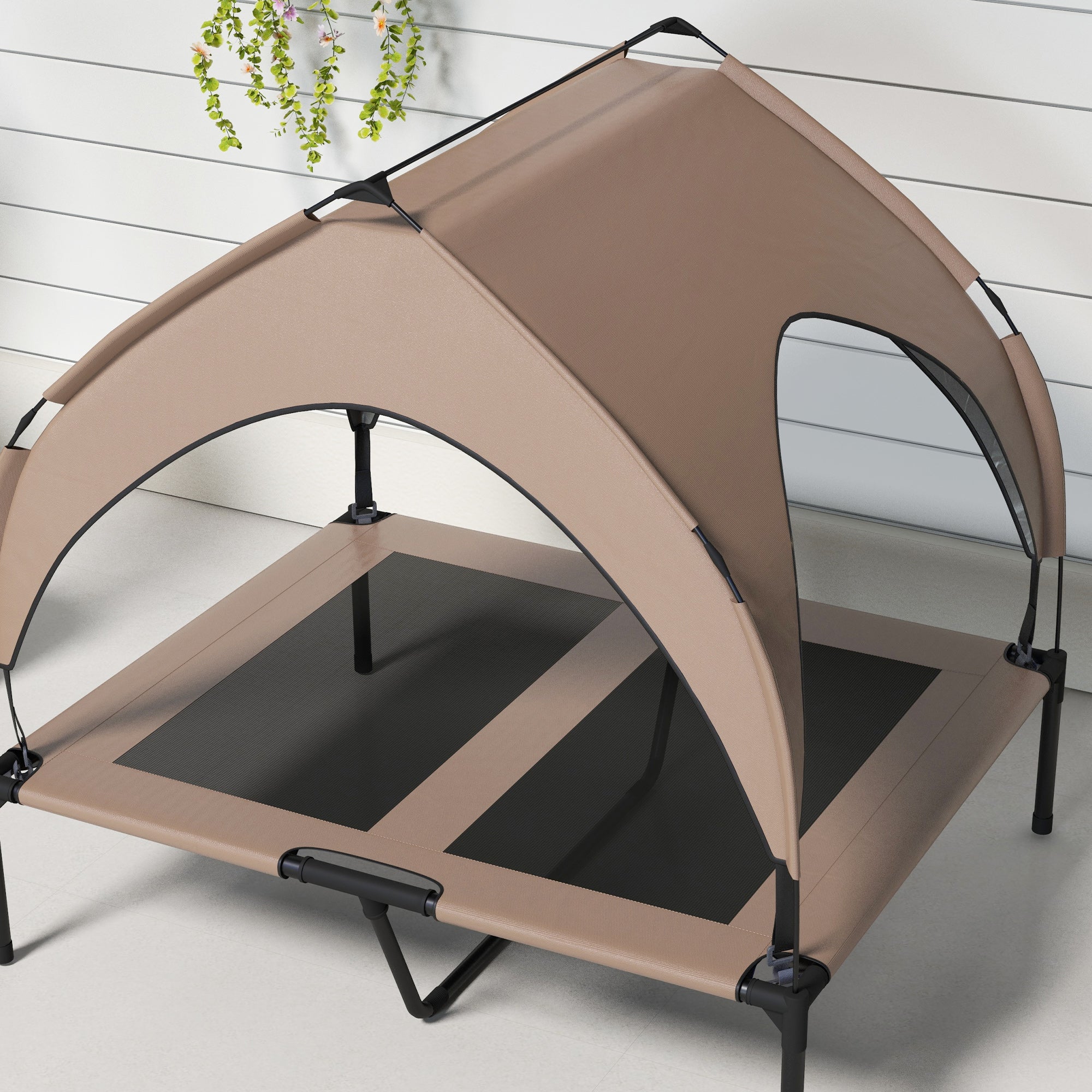 Elevated Dog Bed with Canopy, Cooling Dog Cot Bed for Camping, Portable Raised Pet Cot with Washable Breathable Mesh, for Indoor Outdoor, M & L Dogs, 36" x 30" x 35", Coffee