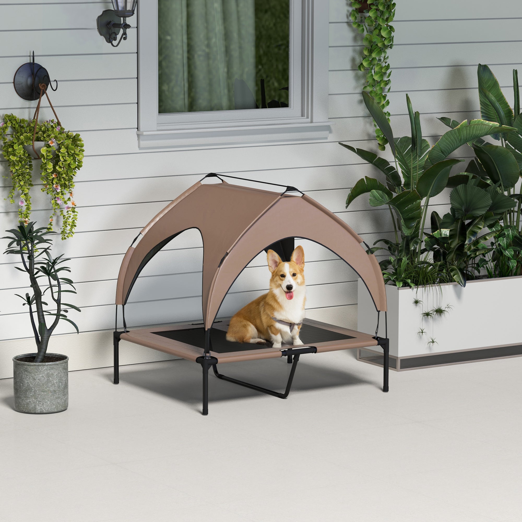 Elevated Dog Bed with Canopy, Cooling Dog Cot Bed for Camping, Portable Raised Pet Cot with Washable Breathable Mesh, for Indoor Outdoor, M & L Dogs, 36" x 30" x 35", Coffee