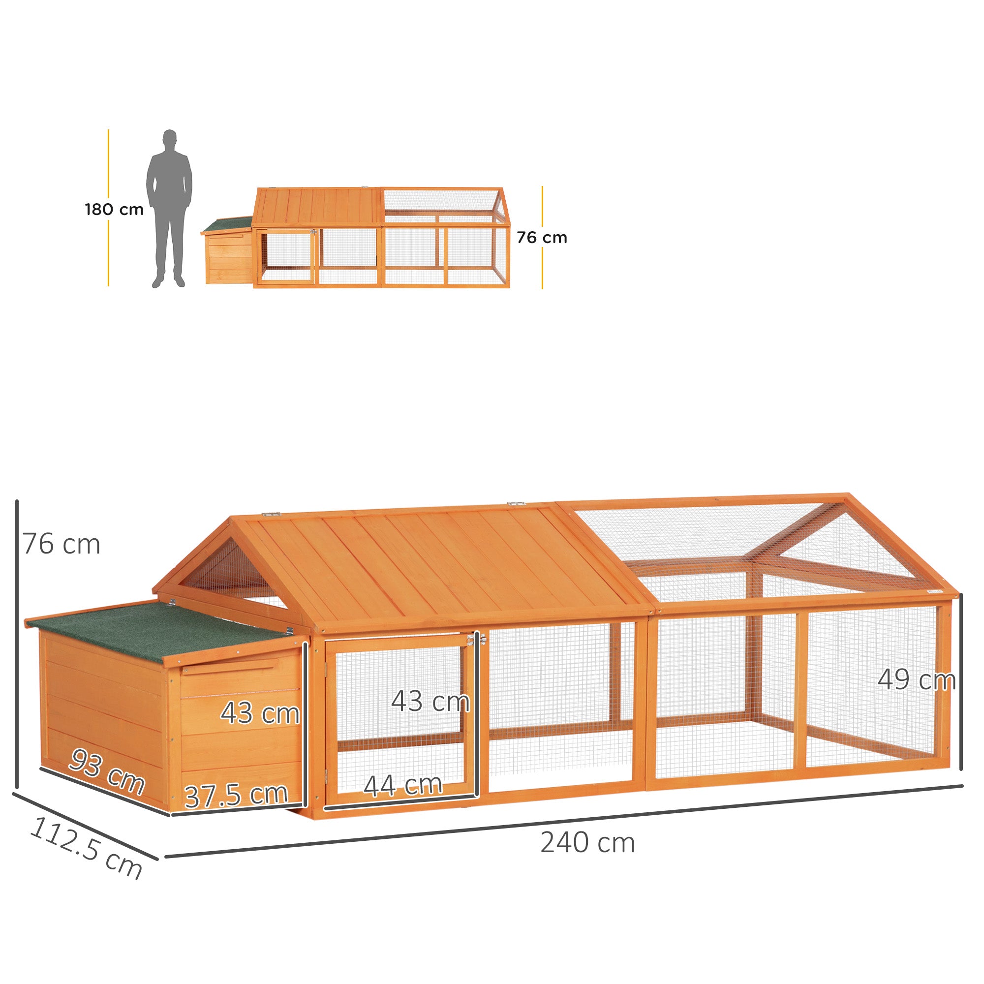 Chicken Run, Wooden Chicken Coop with Nesting Box, Openable Roof for 4-8 Chickens, Rabbits, Ducks, for Garden - Orange