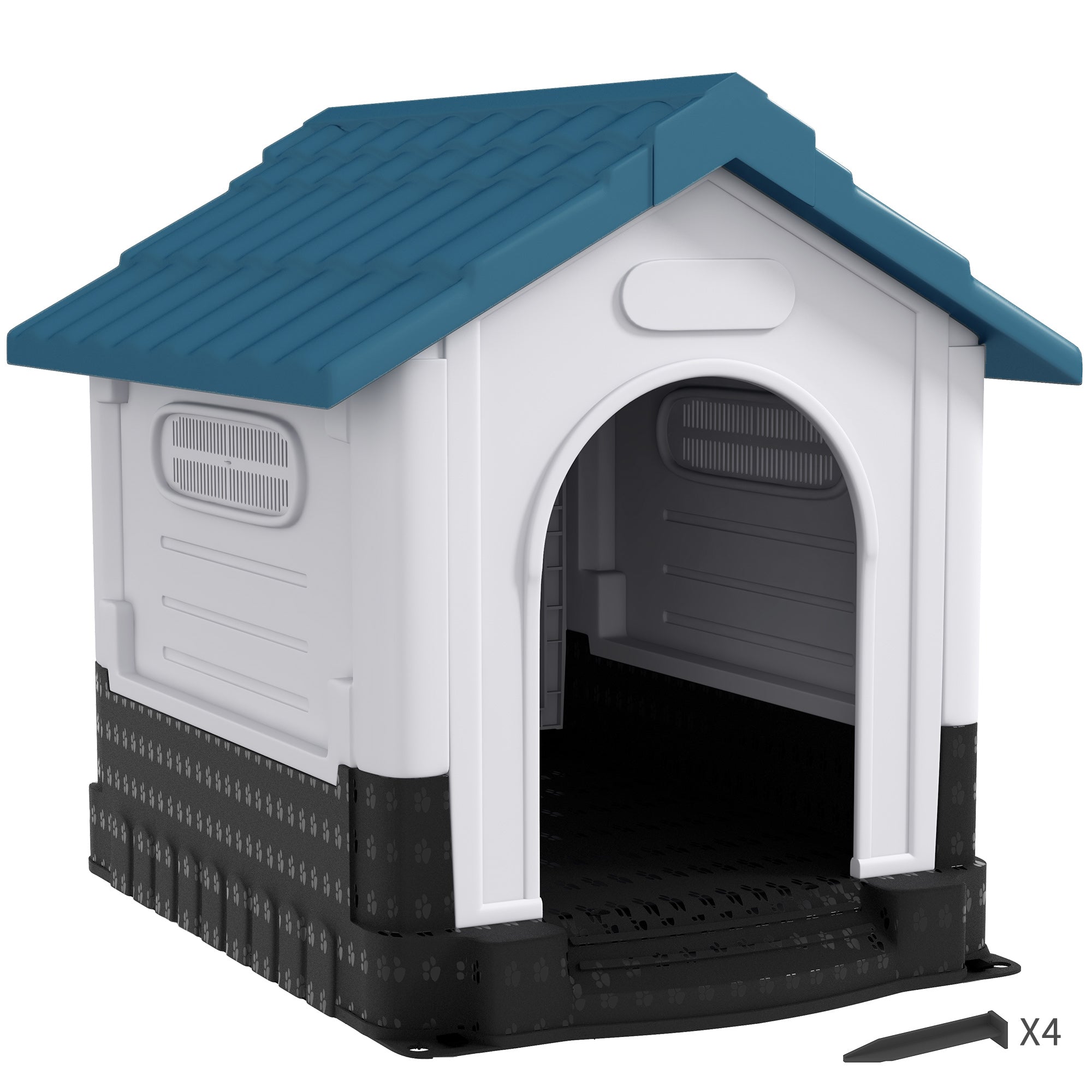 Dog Kennel for Outside, Plastic Dog House, Water-Resistant Pet Shelter with Windows, for Garden Patio, Medium and Large Dogs, 101 x 88 x 99cm - Blue