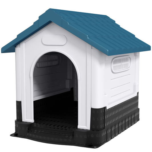 Dog Kennel for Outside, Plastic Dog House, Water-Resistant Pet Shelter with Windows, for Garden Patio, Medium and Large Dogs, 101 x 88 x 99cm - Blue