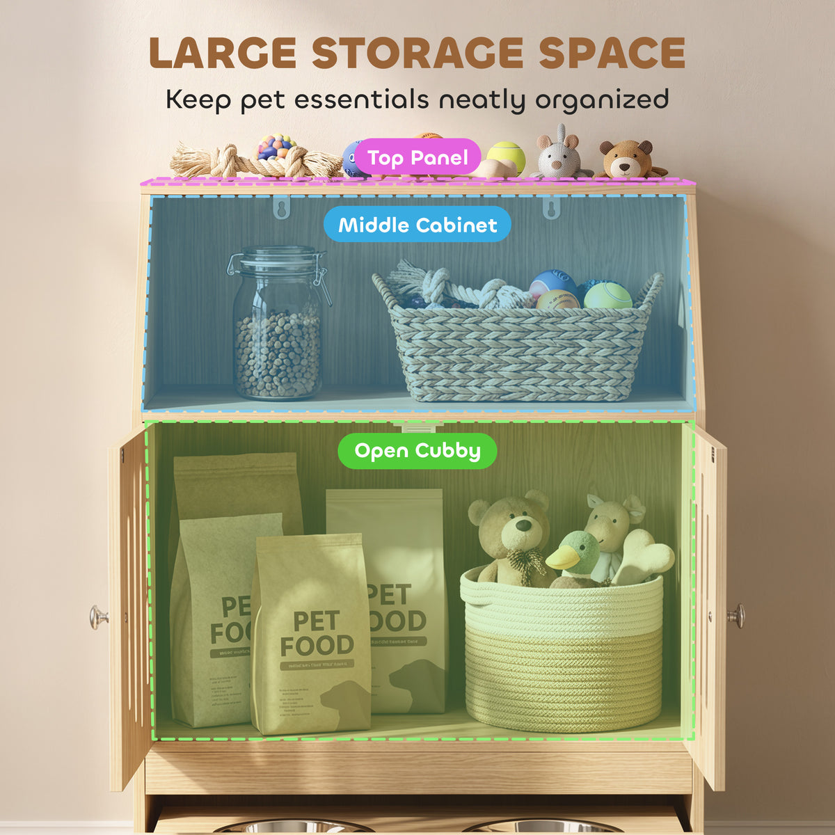 Dog Feeding Station Food Storage w/ 2 Elevated Bowls & Slow-Feed Mat, Hidden Pet Feeding Station, Pet Food Storage Cabinet Organizer, Sliding Drawer, Hidden Feeder for Cats & Dogs