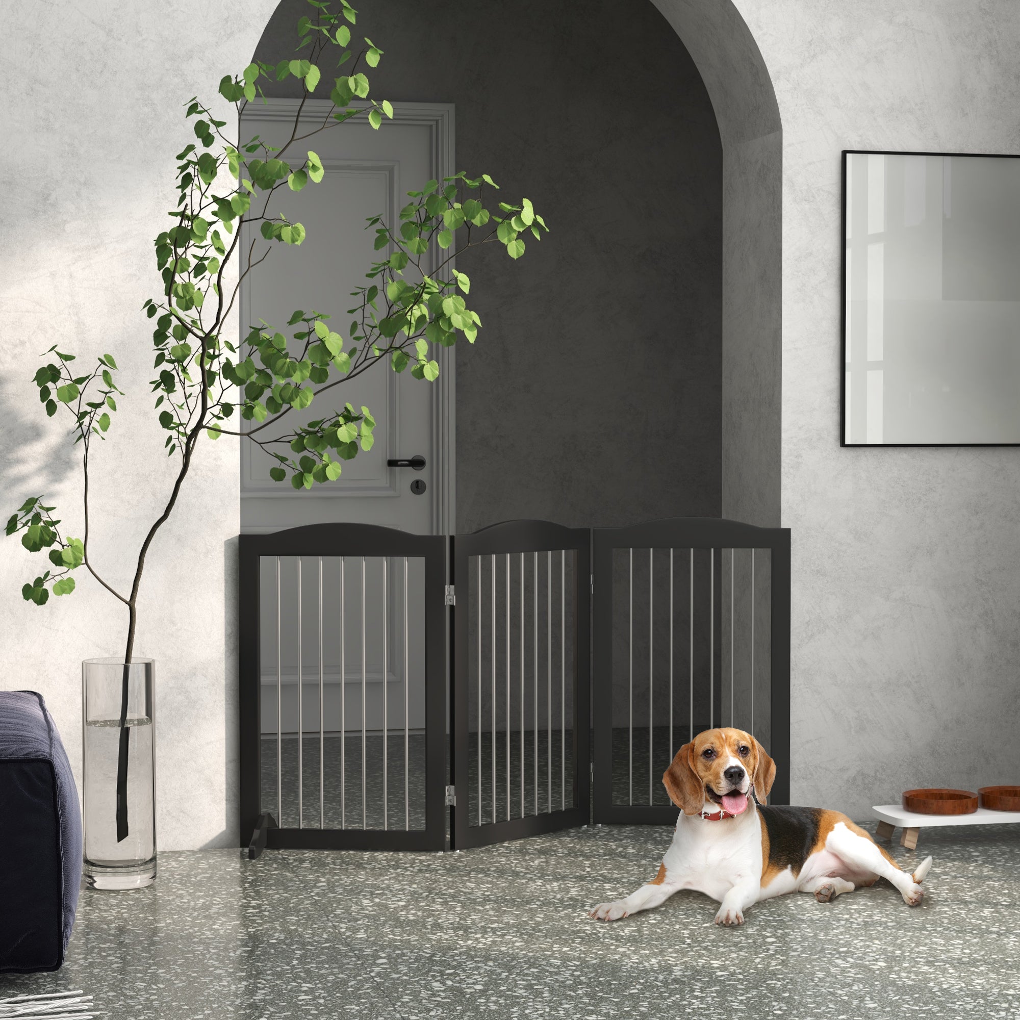Foldable Dog Gate, Freestanding Pet Gate, Dog Barrier with Two Support Feet, for Doorways, Stairs, Halls - Black