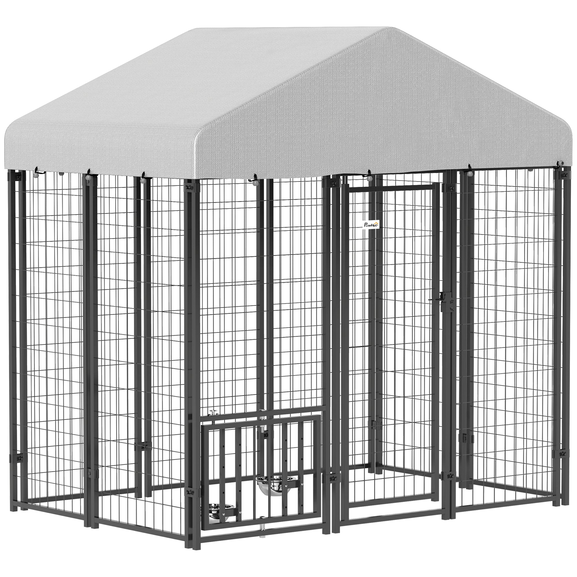 PawHut 5.9' x 4' x 6' Outdoor Dog Kennel, Welded Wire Heavy Duty Dog Run with 360° Rotating & 4 Level Adjustable Bowls, Dog Kennel Outside with Waterproof & UV Resistant Cover, for S&M Dogs